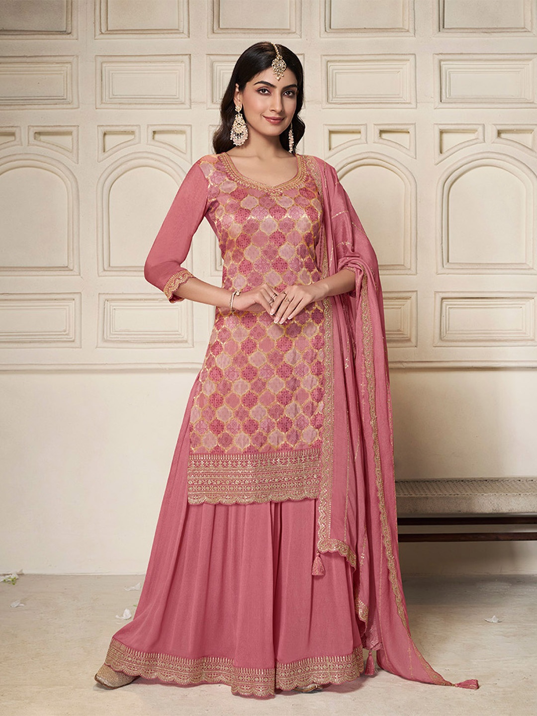 Seerat Ethnic Motifs Embroidered Straight Pure Silk Kurta with Sharara And Dupatta, Peach
Seerat Ethnic Motifs Embroidered Straight Pure Silk Kurta with Sharara And Dupatta, Peach