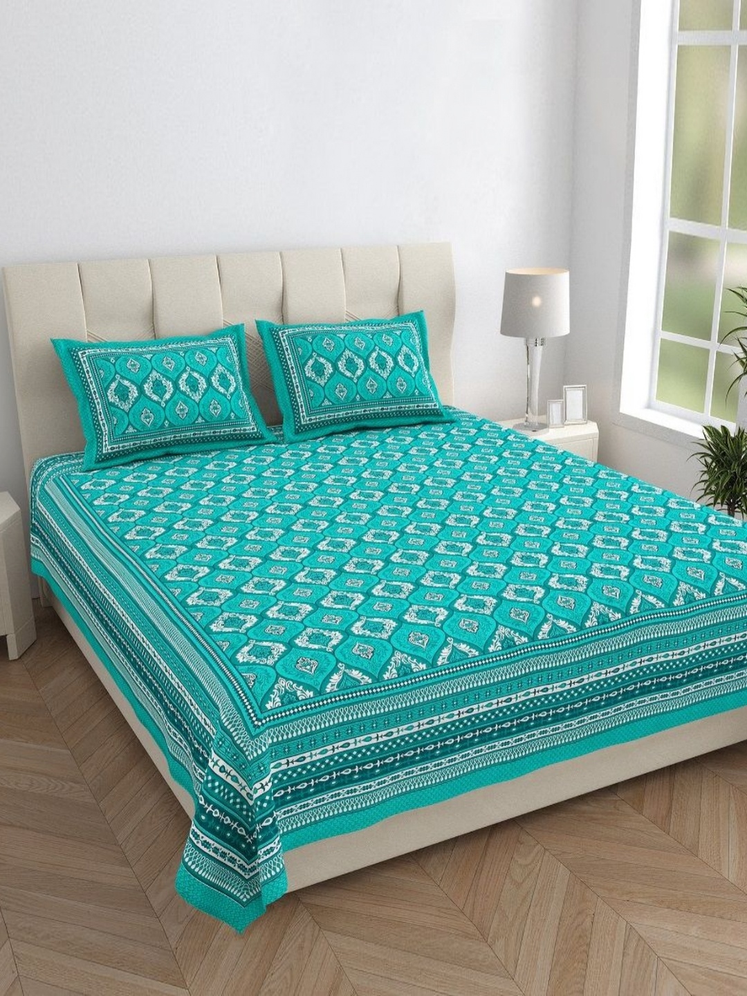 HOMELINE Turquoise Blue & White Ethnic Cotton 144 TC Queen Bedsheet Set-2.35 m x 2.15 m
HOMELINE Turquoise Blue & White Ethnic Cotton 144 TC Queen Bedsheet Set-2.35 m x 2.15 m