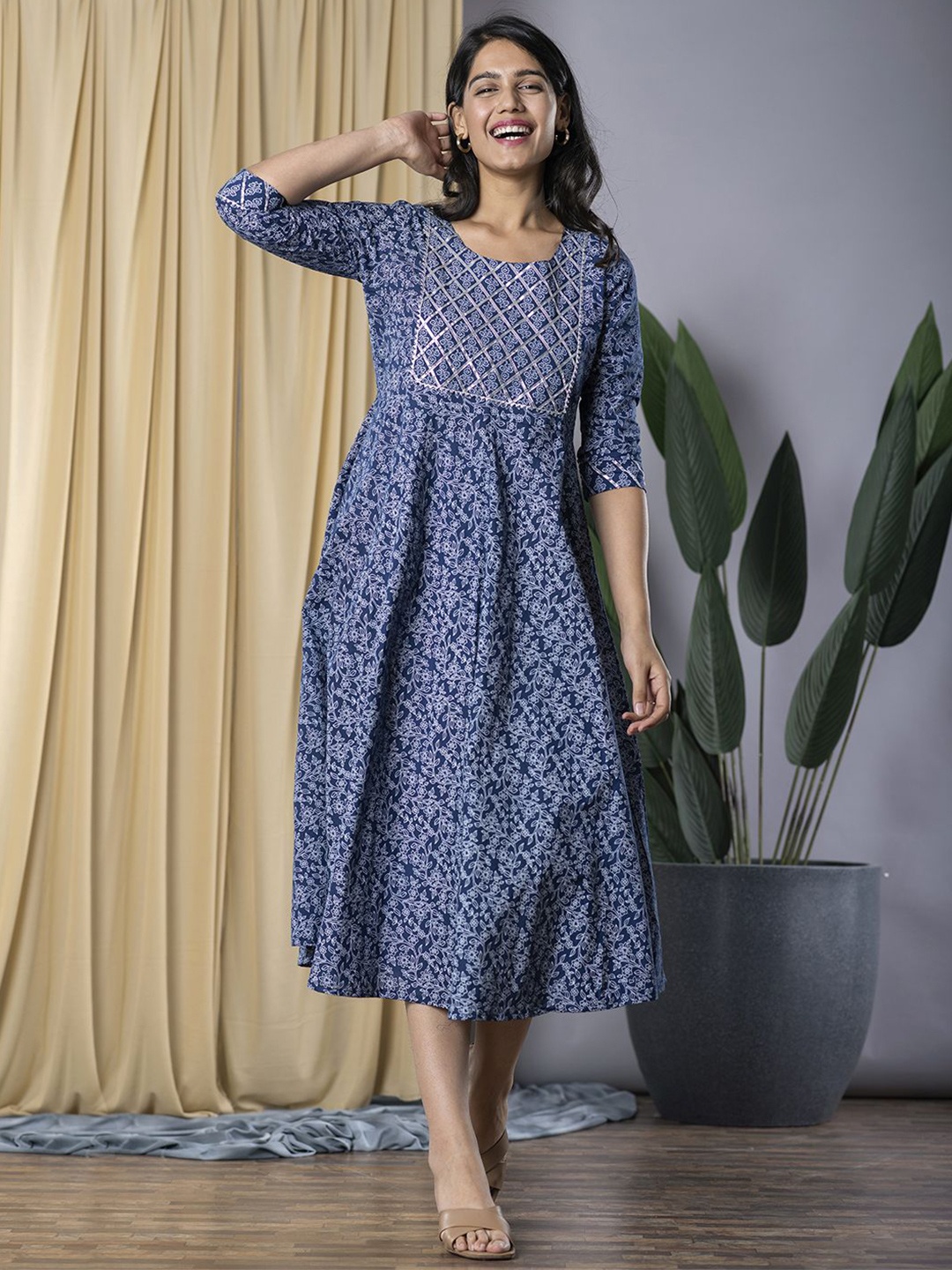 Jaitpuriya Ethnic Motifs Printed Gotta Patti Cotton Fit & Flare Midi Dress, Navy blue
Jaitpuriya Ethnic Motifs Printed Gotta Patti Cotton Fit & Flare Midi Dress, Navy blue
