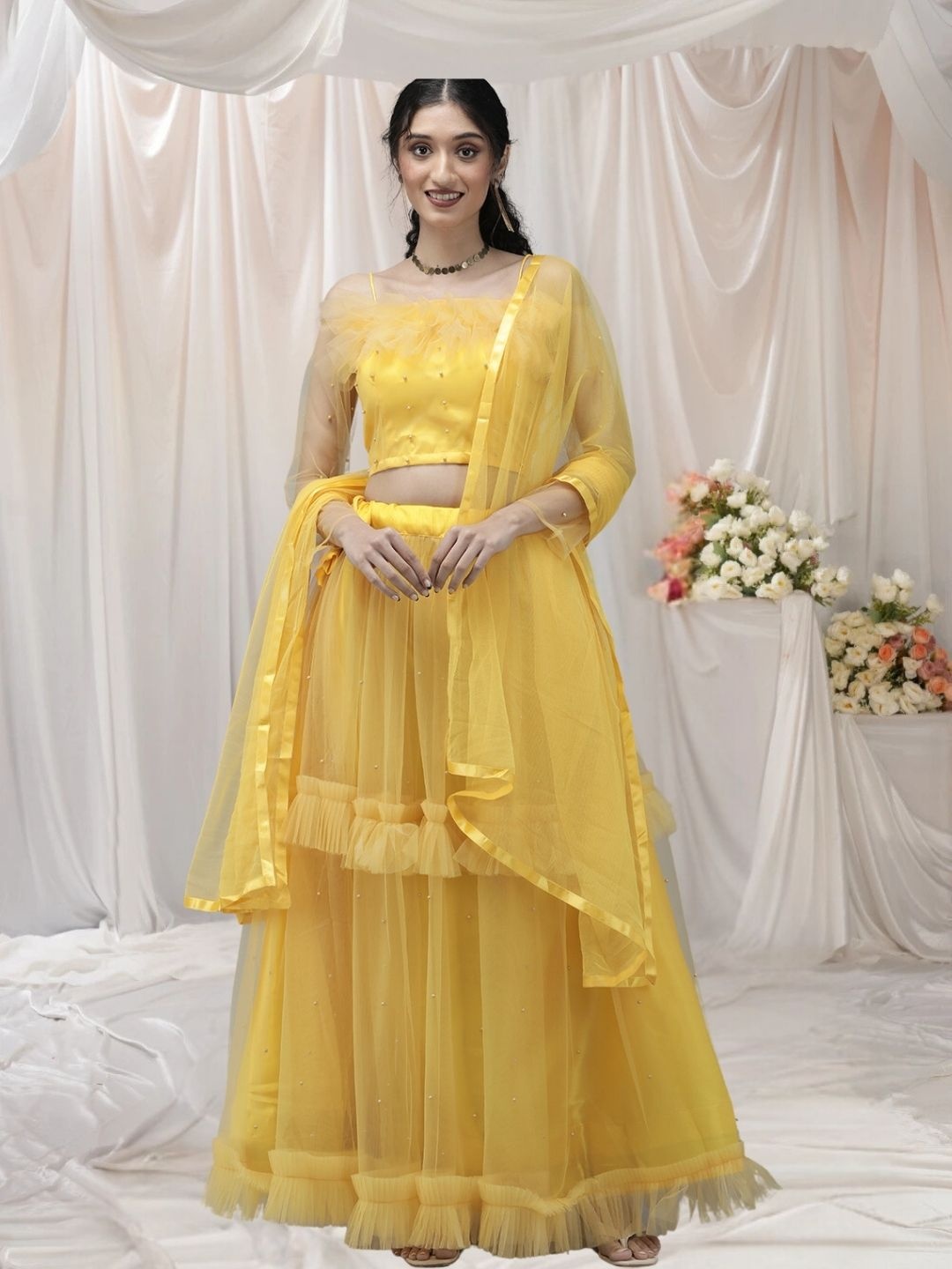 KAZIA Embellished Beads Detail Net Semi-Stitched Lehenga & Unstitched Blouse With Dupatta, Yellow
KAZIA Embellished Beads Detail Net Semi-Stitched Lehenga & Unstitched Blouse With Dupatta, Yellow