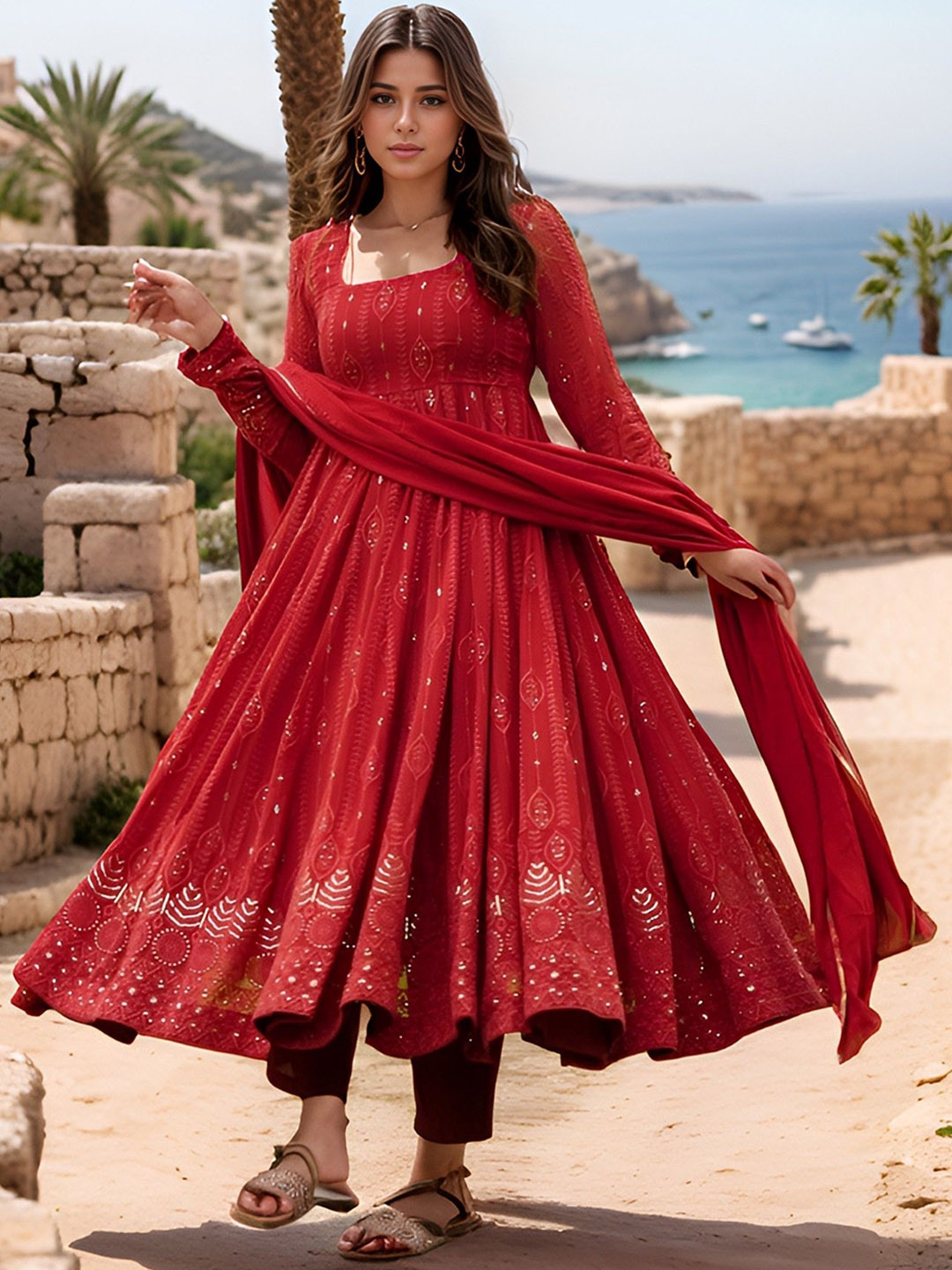 Emaira Floral Embroidered Zari Georgette Anarkali Kurta with Trousers & Dupatta, Red
Emaira Floral Embroidered Zari Georgette Anarkali Kurta with Trousers & Dupatta, Red