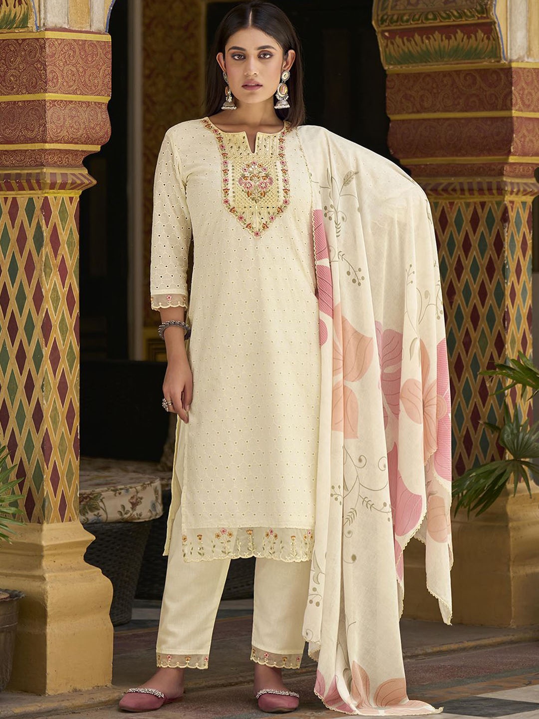 Kvsfab Floral Embroidered Mirror Work & Sequinned Schiffli Kurta With Trousers & Dupatta, Off white
Kvsfab Floral Embroidered Mirror Work & Sequinned Schiffli Kurta With Trousers & Dupatta, Off white