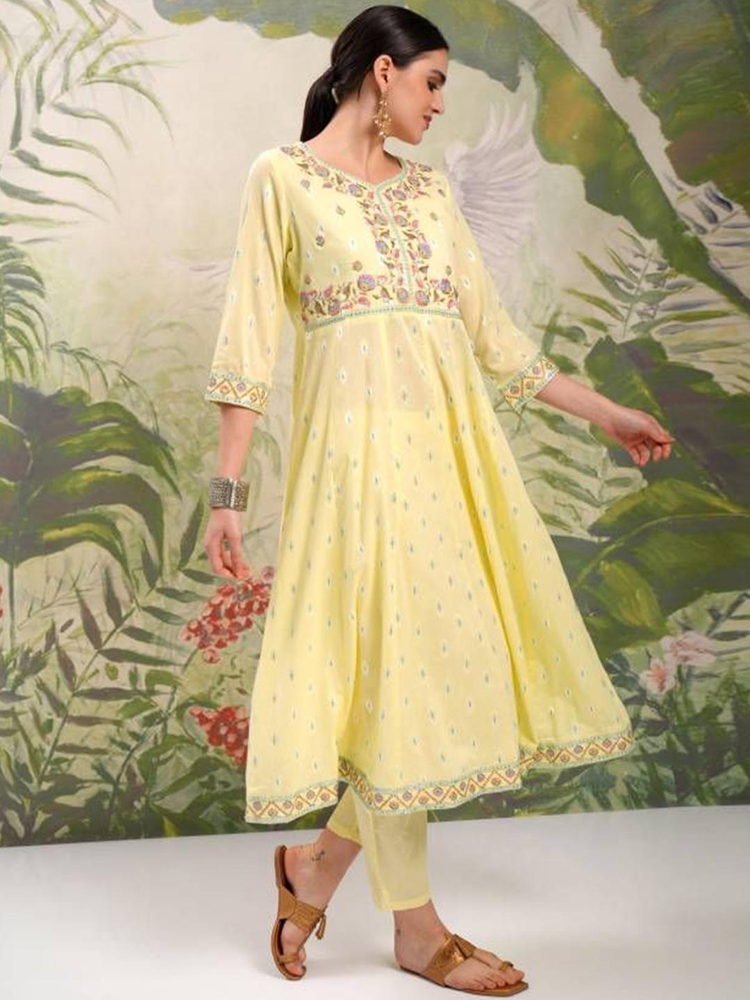 Shreekama Floral Embroidered Pure Cotton Anarkali Kurta with Trousers & Dupatta, Yellow
Shreekama Floral Embroidered Pure Cotton Anarkali Kurta with Trousers & Dupatta, Yellow