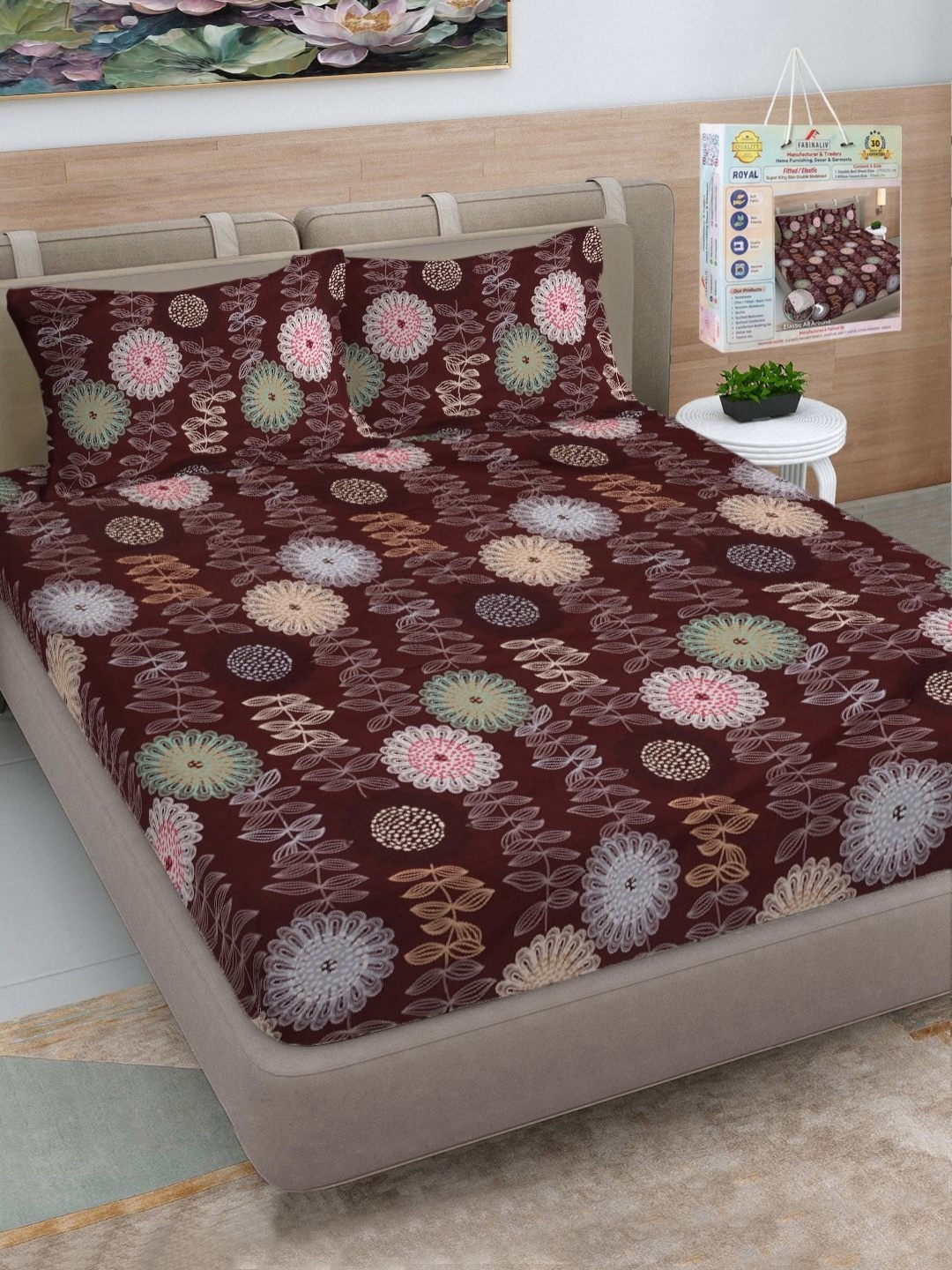 FABINALIV Purple & Green Floral Printed 300 TC Fitted King Bedsheet Set 2.7 m x 2.7 m, Brown
FABINALIV Purple & Green Floral Printed 300 TC Fitted King Bedsheet Set 2.7 m x 2.7 m, Brown