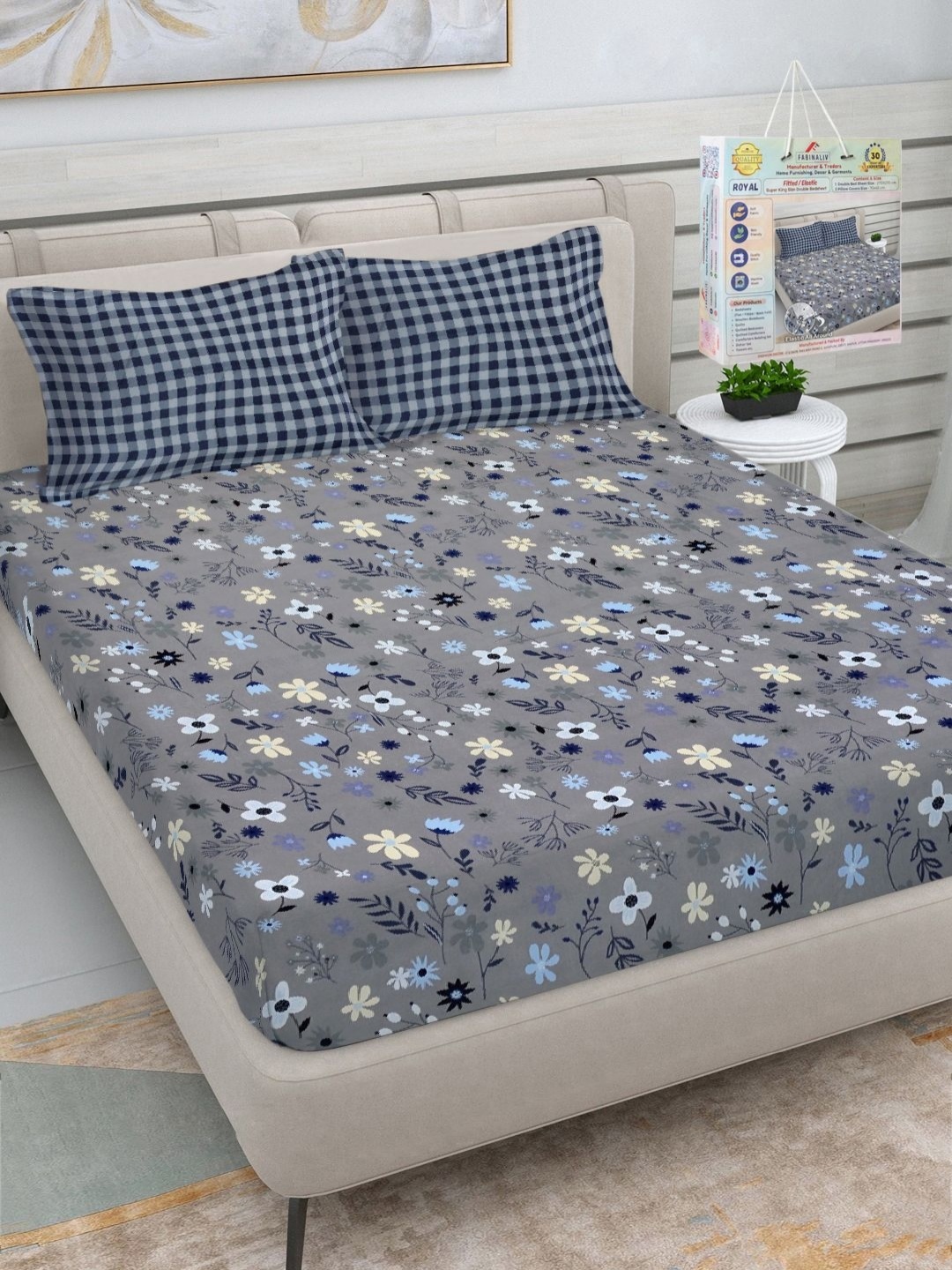 FABINALIV Grey & Navy Blue Floral Printed 300 TC Fitted King Bedsheet Set 2.7 m x 2.7 m
FABINALIV Grey & Navy Blue Floral Printed 300 TC Fitted King Bedsheet Set 2.7 m x 2.7 m