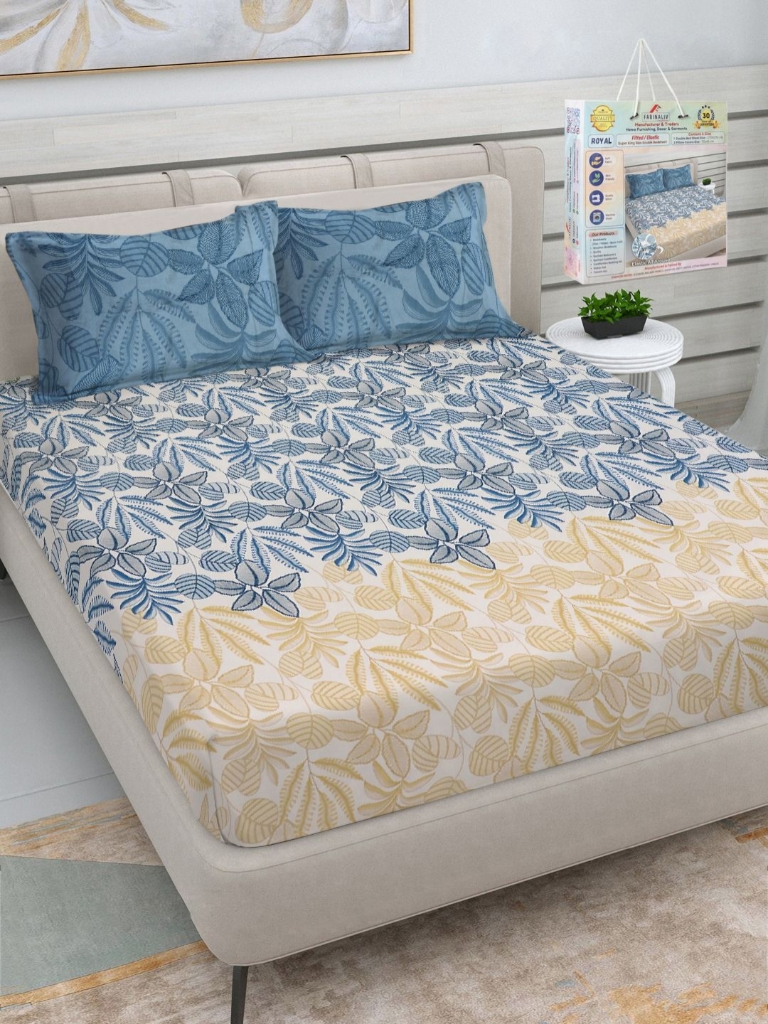 FABINALIV White & Blue Floral Printed 300 TC Fitted King Bedsheet Set 2.7 m x 2.7 m
FABINALIV White & Blue Floral Printed 300 TC Fitted King Bedsheet Set 2.7 m x 2.7 m