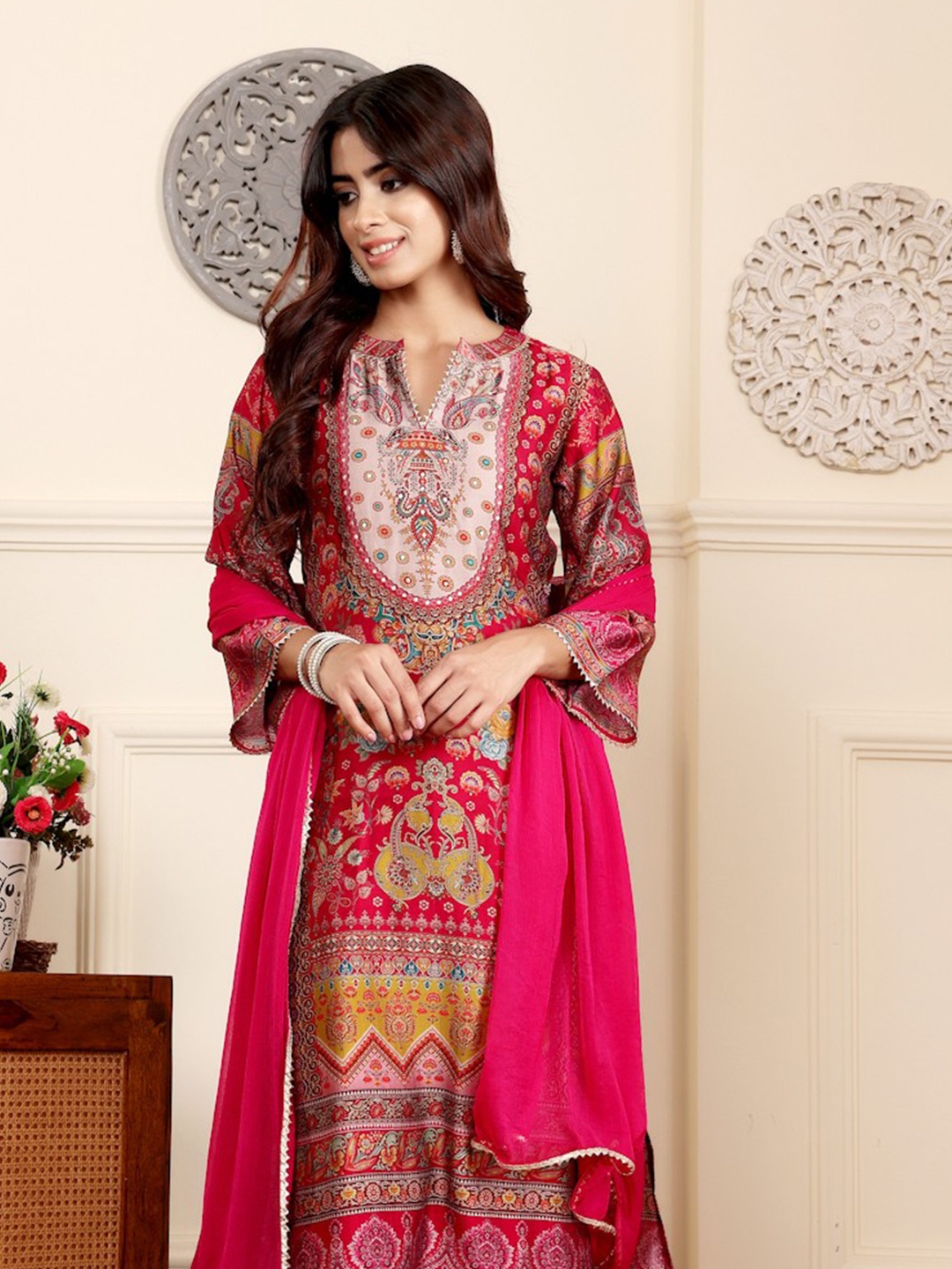 Varanga Ethnic Motifs Printed Gotta Patti Chanderi Silk Kurta With Trousers And Dupatta, Fuchsia
Varanga Ethnic Motifs Printed Gotta Patti Chanderi Silk Kurta With Trousers And Dupatta, Fuchsia