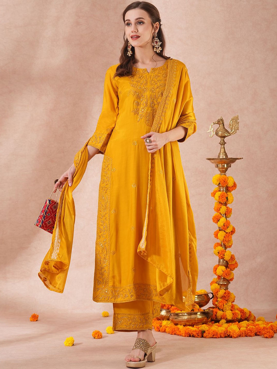 FASHOR Floral Embroidered Notch Neck Straight Kurta With Palazzos & Dupatta, Mustard
FASHOR Floral Embroidered Notch Neck Straight Kurta With Palazzos & Dupatta, Mustard