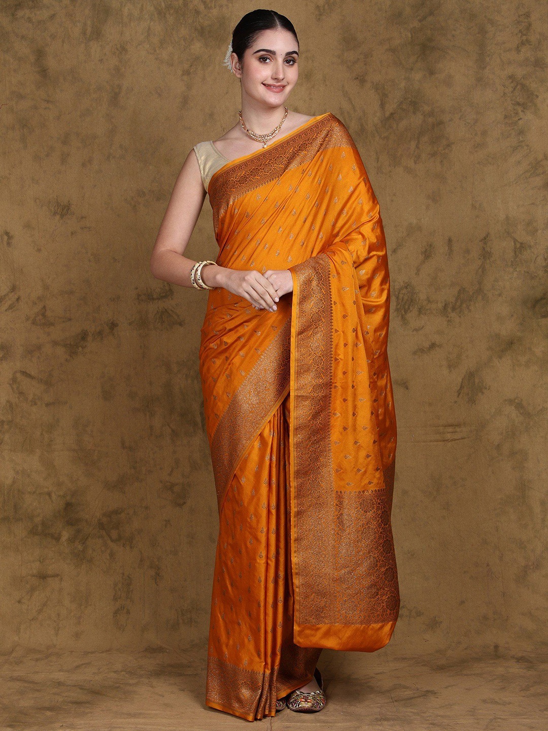 Exotic India Banarasi Saree with Zari Woven Bootis and Floral Vine Contrast Border Pallu, Gold
Exotic India Banarasi Saree with Zari Woven Bootis and Floral Vine Contrast Border Pallu, Gold