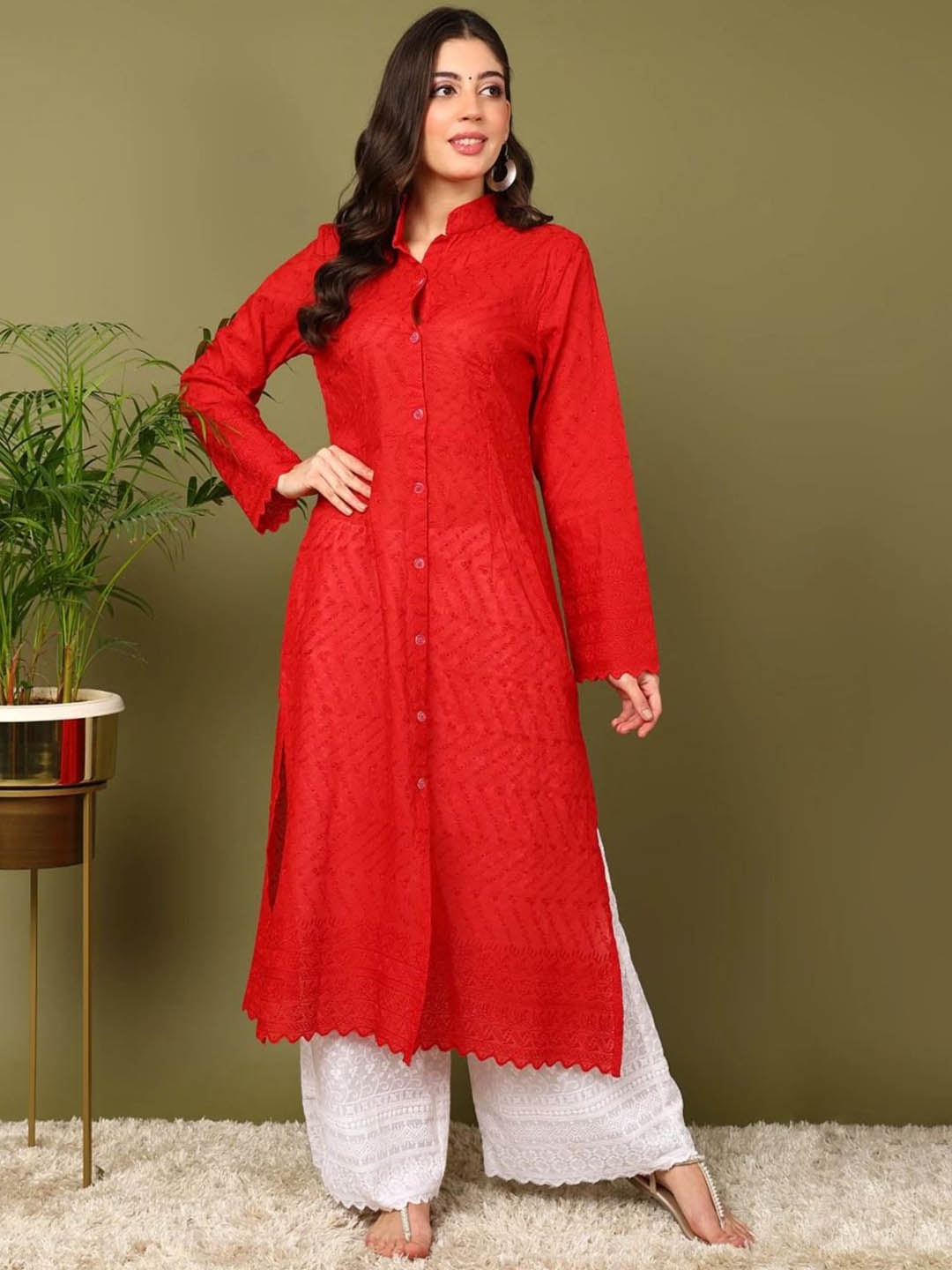 Edyssa Floral Embroidered Mandarin Collar Straight Chikankari Kurta with Palazzos, Red
Edyssa Floral Embroidered Mandarin Collar Straight Chikankari Kurta with Palazzos, Red