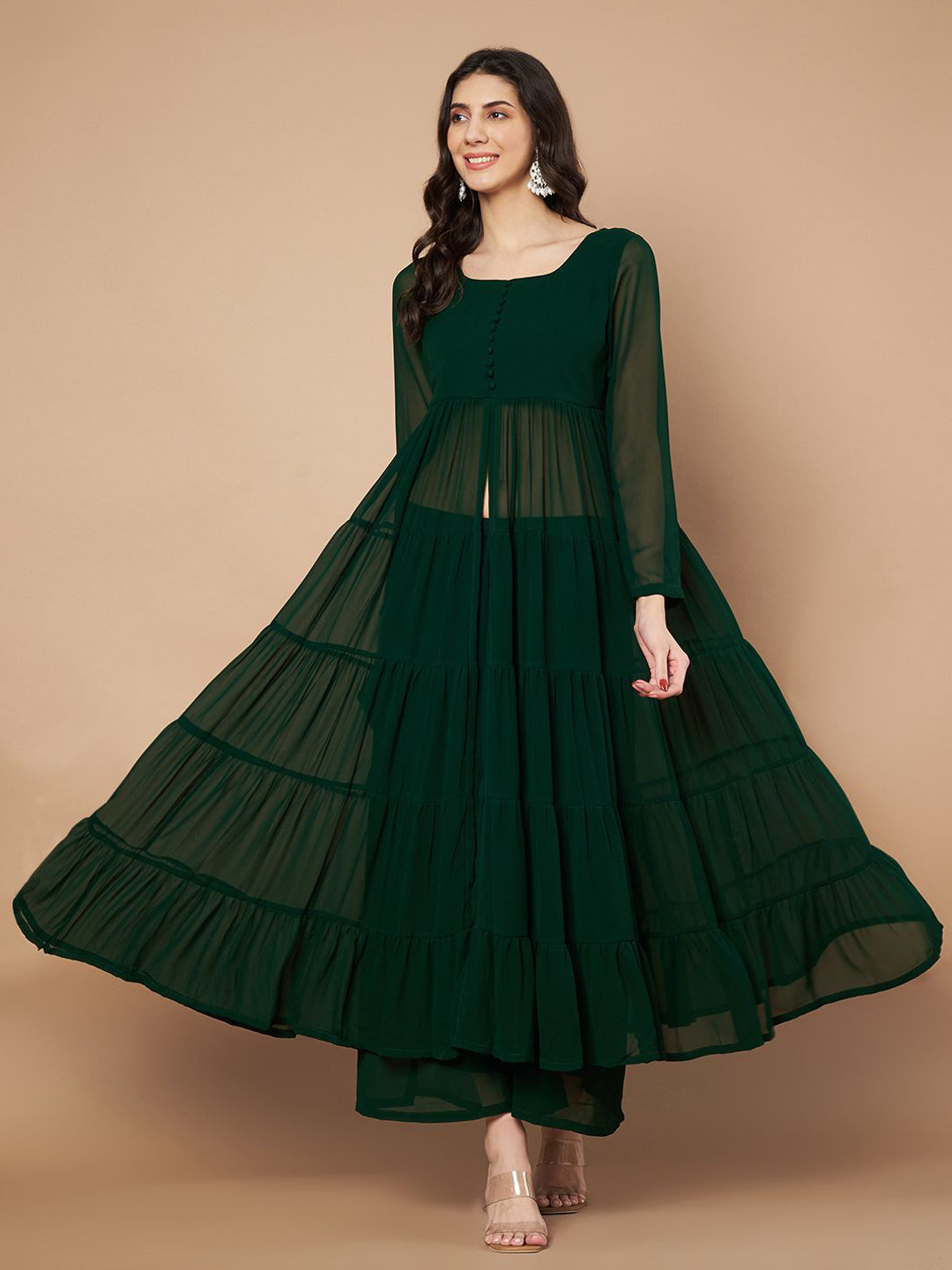 Poshak Hub Front Slit Tiered Anarkali Georgette Kurta With Sharara, Green
Poshak Hub Front Slit Tiered Anarkali Georgette Kurta With Sharara, Green
