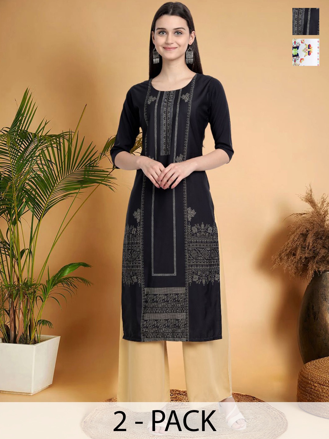 7Threads Selection Of 2 Ethnic Motifs Printed Round Neck Straight Kurtas, Black
7Threads Selection Of 2 Ethnic Motifs Printed Round Neck Straight Kurtas, Black