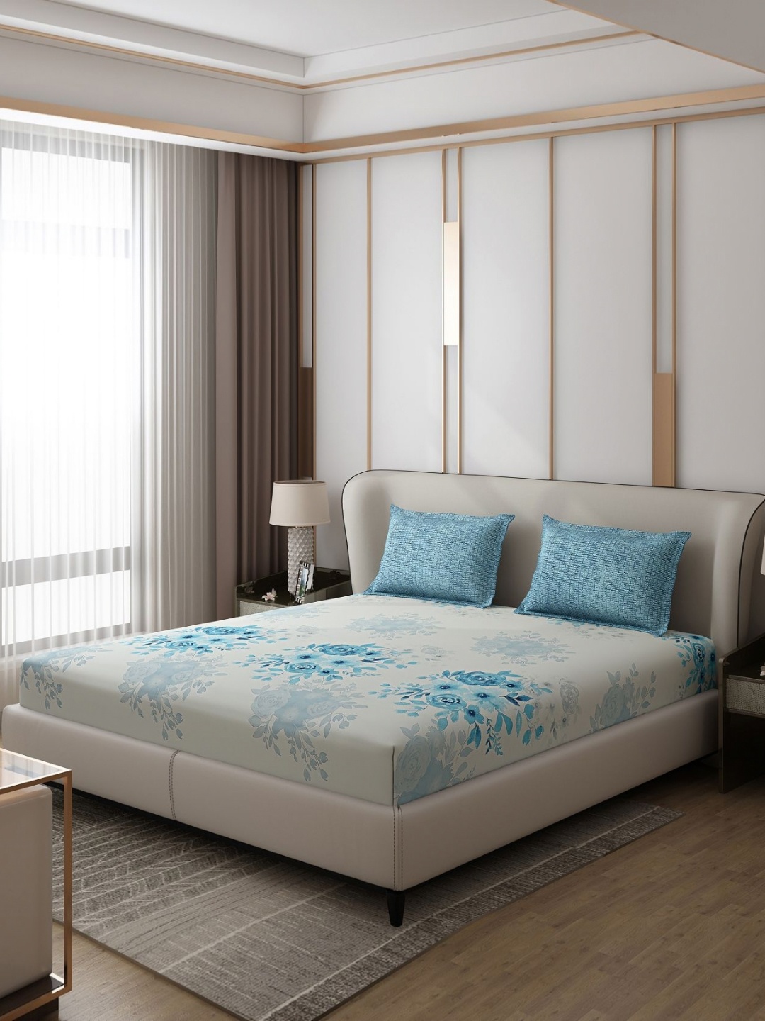 Monte Carlo Aromatic Off White & Blue Floral 110 TC Queen Bedsheet with 2 Pillow Covers
Monte Carlo Aromatic Off White & Blue Floral 110 TC Queen Bedsheet with 2 Pillow Covers
