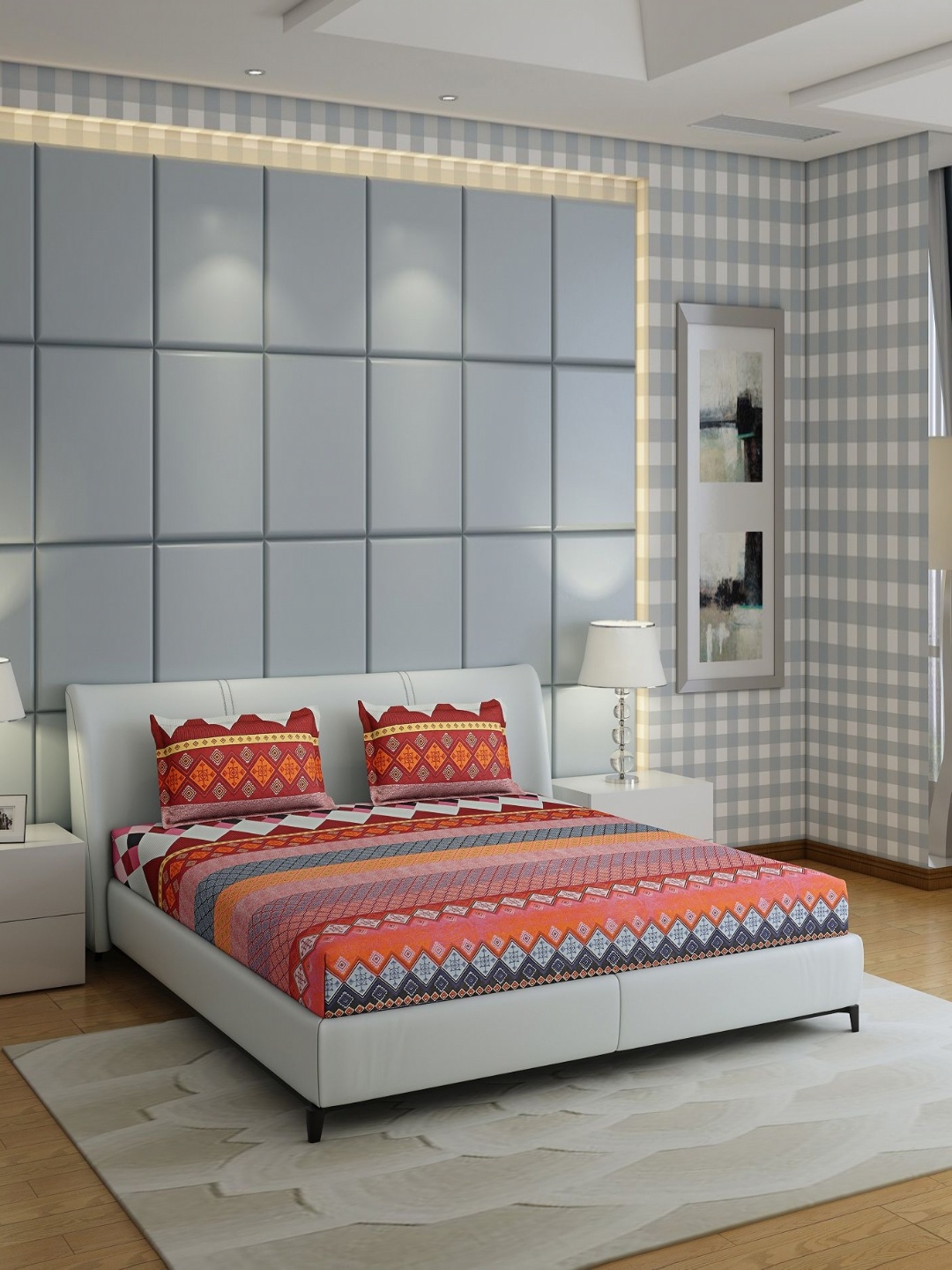Monte Carlo Fashnik White & Red Geometric Cotton 144TC Queen Bedsheet with 2 Pillow Covers
Monte Carlo Fashnik White & Red Geometric Cotton 144TC Queen Bedsheet with 2 Pillow Covers