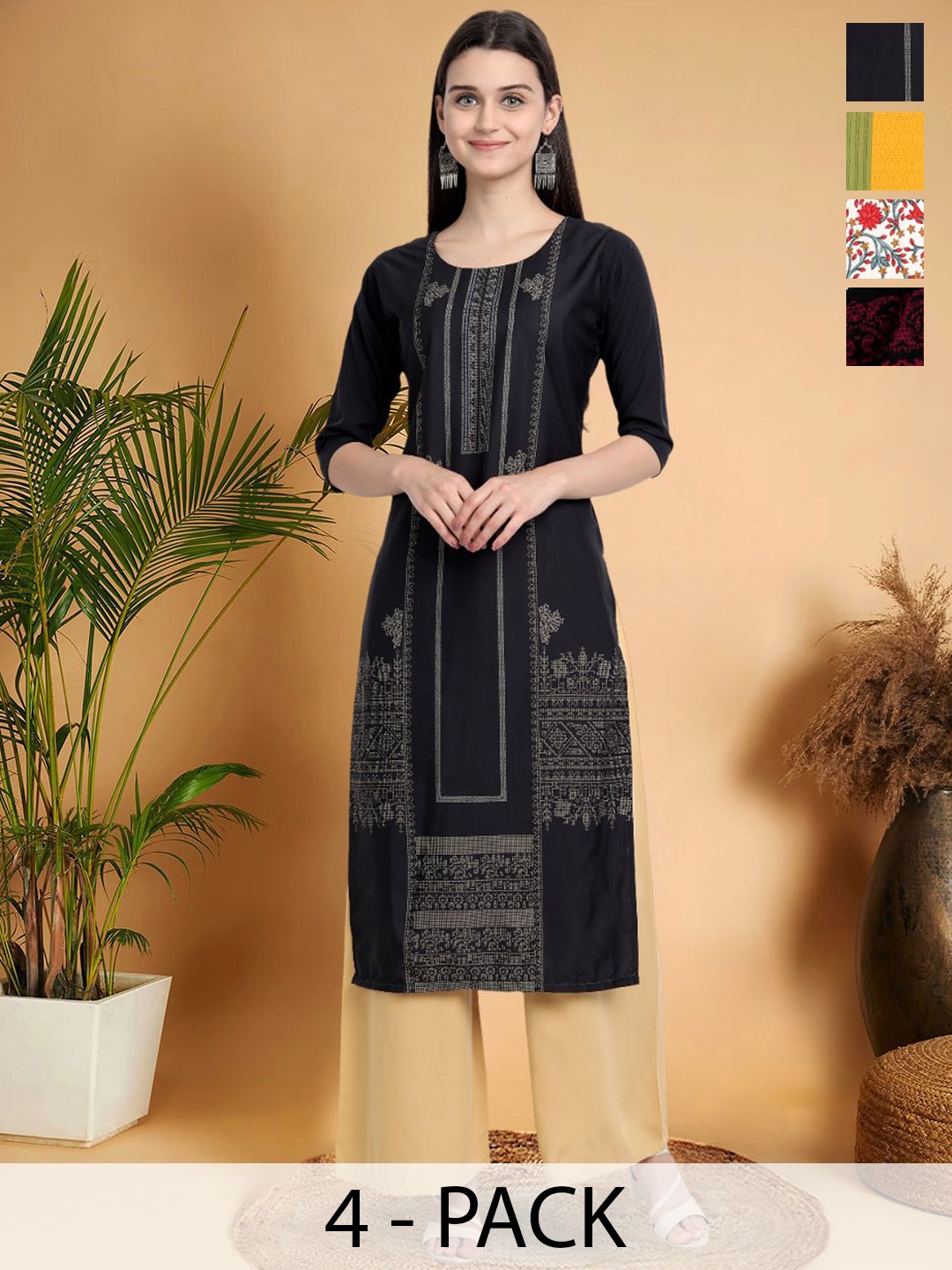 7Threads Selection Of 4 Ethnic Motifs Printed Round Neck Straight Kurtas, Black
7Threads Selection Of 4 Ethnic Motifs Printed Round Neck Straight Kurtas, Black