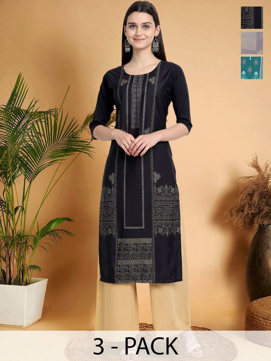 7Threads Selection Of 3 Ethnic Motifs Printed Round Neck Straight Kurtas, Black
7Threads Selection Of 3 Ethnic Motifs Printed Round Neck Straight Kurtas, Black