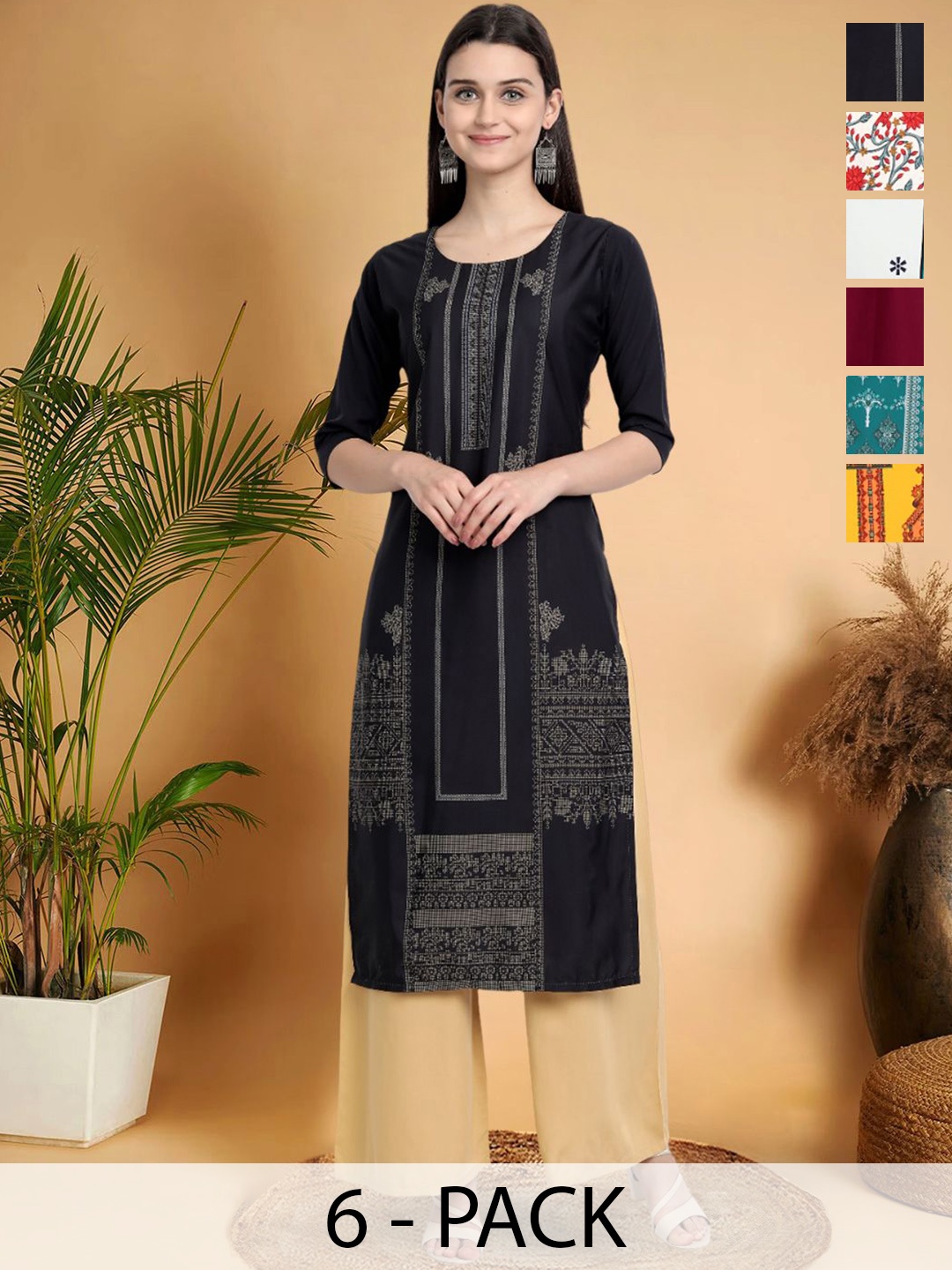 7Threads Selection Of 6 Ethnic Motifs Printed Round Neck Straight Kurtas, Black
7Threads Selection Of 6 Ethnic Motifs Printed Round Neck Straight Kurtas, Black