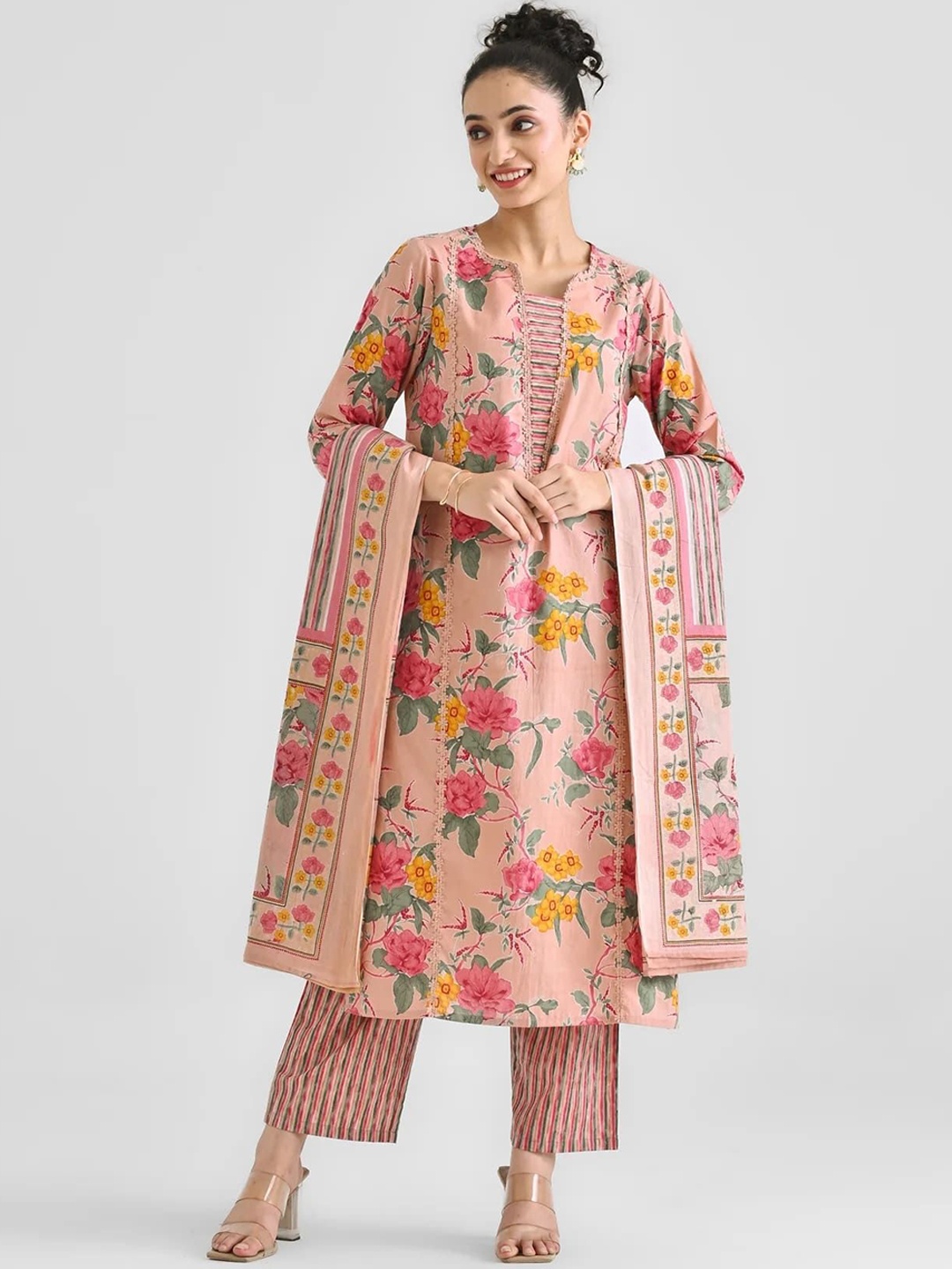 Shriji fashion Floral Printed Notch Neck Straight Kurta With Trouser & Dupatta, Peach
Shriji fashion Floral Printed Notch Neck Straight Kurta With Trouser & Dupatta, Peach