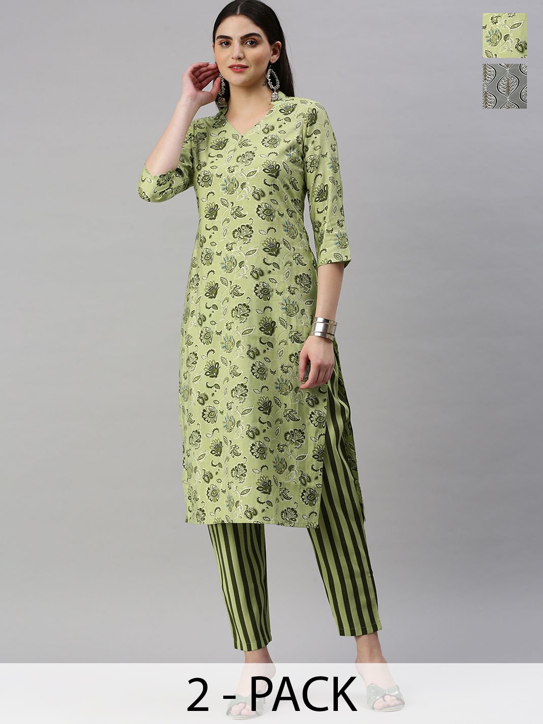 KALINI Selection Of 2 Ethnic Motifs Printed Straight V-Neck Kurtas With Trousers, Green
KALINI Selection Of 2 Ethnic Motifs Printed Straight V-Neck Kurtas With Trousers, Green