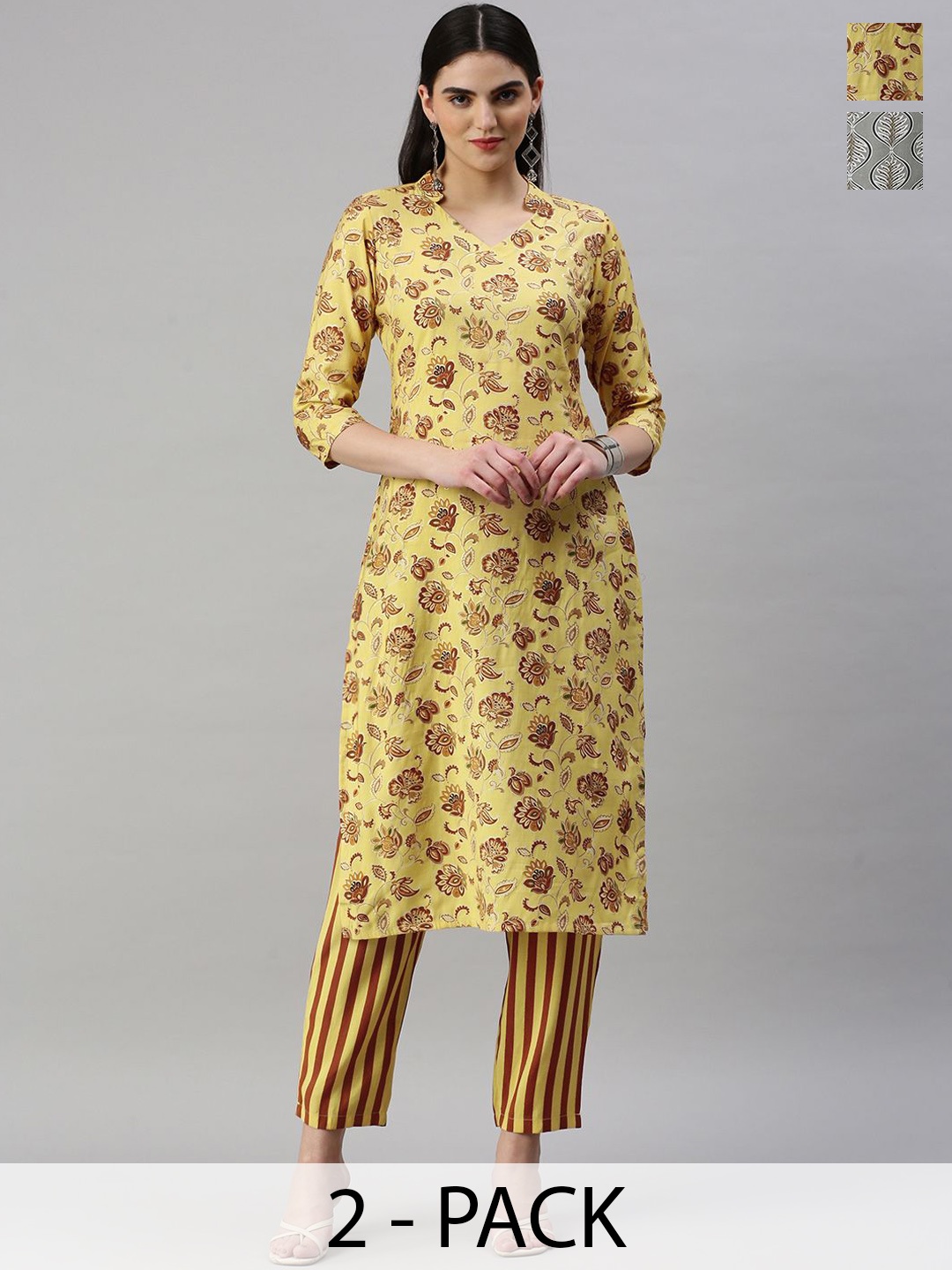 KALINI Selection Of 2 Floral Printed Mandarin collar Straight Kurtas With Trousers, Yellow
KALINI Selection Of 2 Floral Printed Mandarin collar Straight Kurtas With Trousers, Yellow