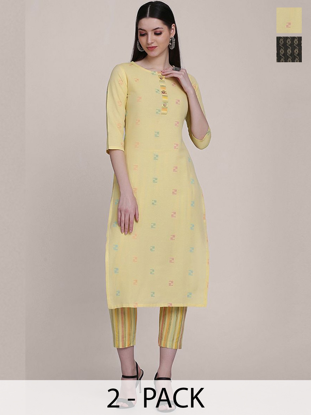KALINI Selection Of 2 Geometric Woven Design Round Neck Straight Kurtas With Trousers, Yellow
KALINI Selection Of 2 Geometric Woven Design Round Neck Straight Kurtas With Trousers, Yellow
