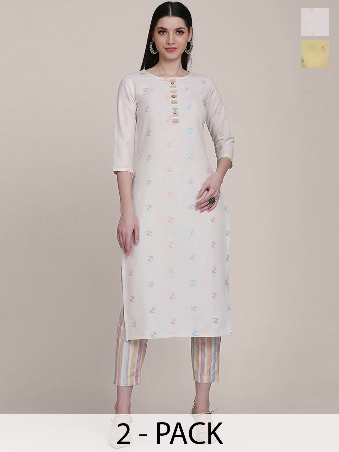 KALINI Selection Of 2 Geometric Woven Design Round Neck straight Kurtas With Trousers, White
KALINI Selection Of 2 Geometric Woven Design Round Neck straight Kurtas With Trousers, White