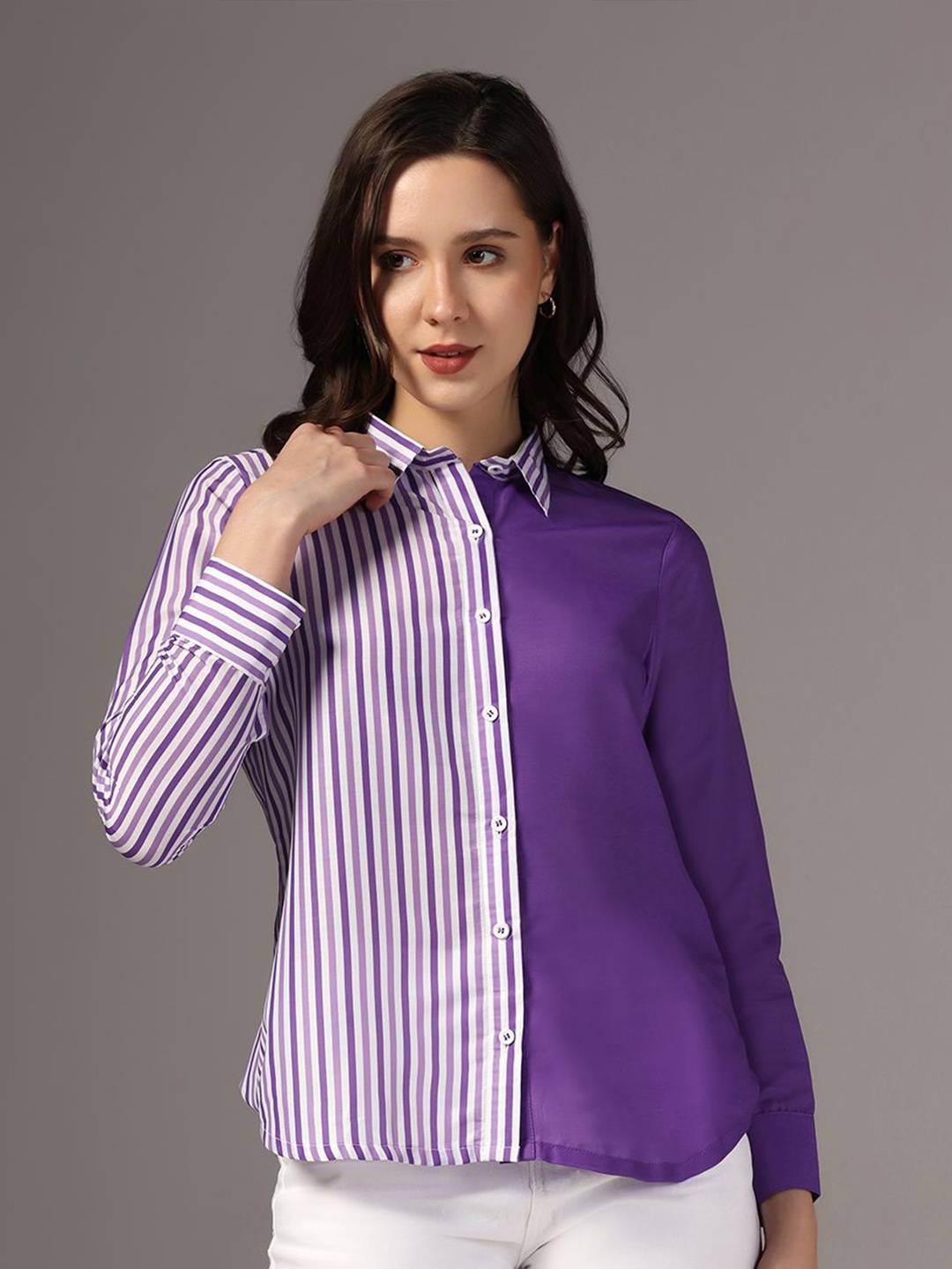 Moda Rapido Women Spread Collar Vertical Striped Cotton Casual Shirt, Purple
Moda Rapido Women Spread Collar Vertical Striped Cotton Casual Shirt, Purple