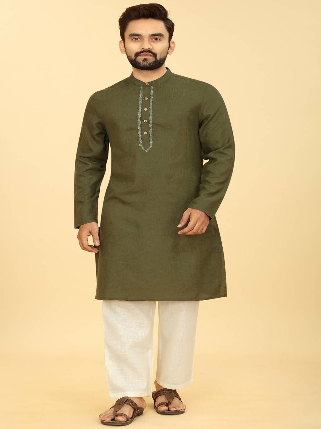 Odd By Poshaak Thread Work Band Collar Pure Cotton Straight Kurta With Pyjama, Olive
Odd By Poshaak Thread Work Band Collar Pure Cotton Straight Kurta With Pyjama, Olive