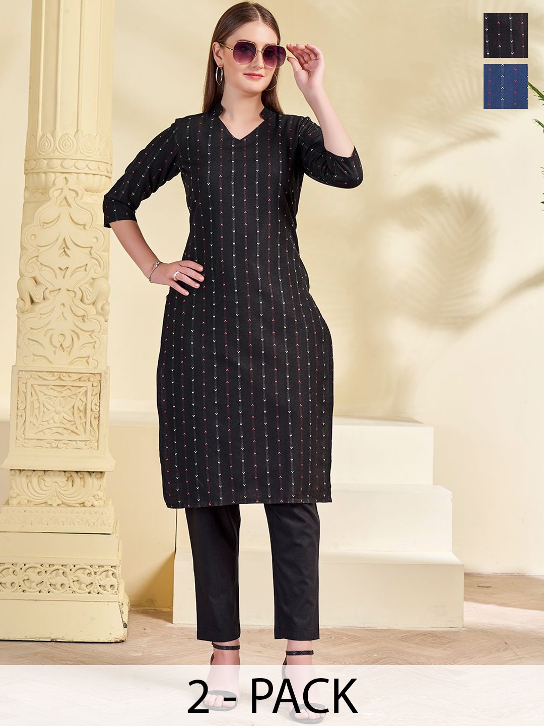 KALINI Selection Of 2 Woven Design Mandarin Collar Straight Kurtas With Trousers, Black
KALINI Selection Of 2 Woven Design Mandarin Collar Straight Kurtas With Trousers, Black