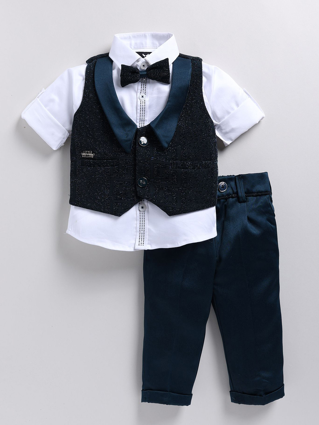 LITTLE COLLARS Boys Self Design Shawl Collar Single Breasted Four-Piece Suit, Blue 
LITTLE COLLARS Boys Self Design Shawl Collar Single Breasted Four-Piece Suit, Blue