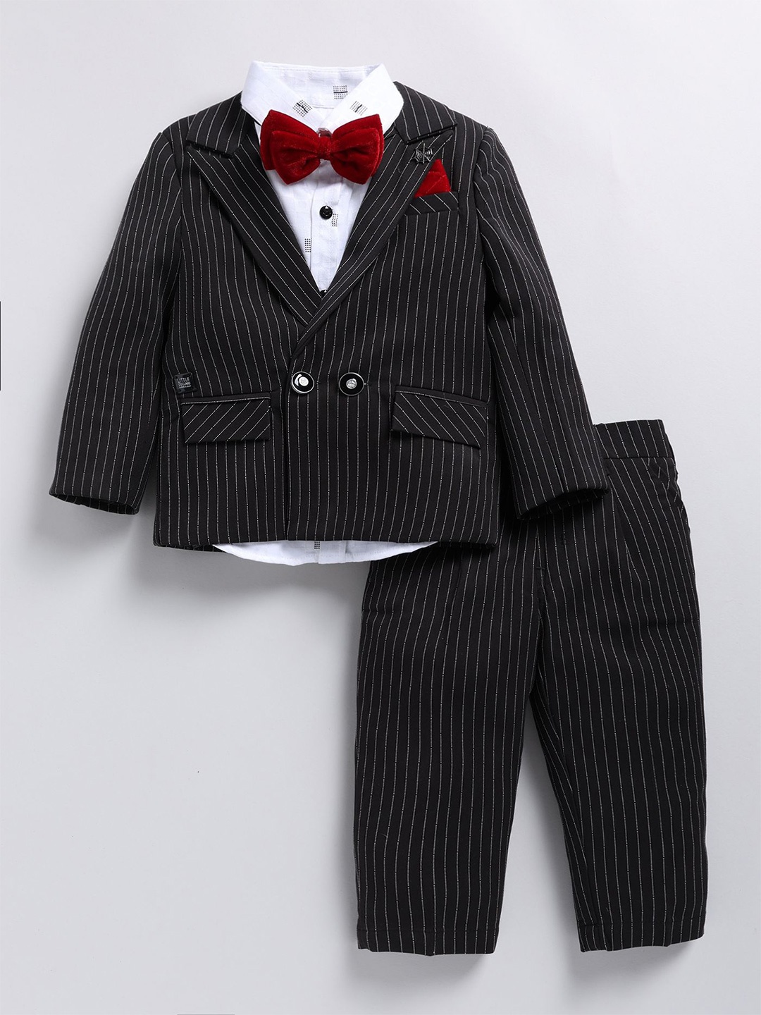 LITTLE COLLARS Boys Striped Notched Lapel Collar Double Breasted 4 Piece Suit, Black
LITTLE COLLARS Boys Striped Notched Lapel Collar Double Breasted 4 Piece Suit, Black