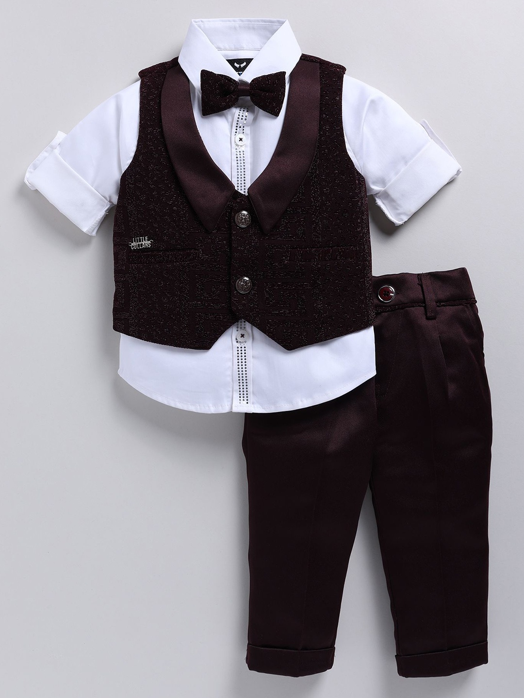 LITTLE COLLARS Boys Self Design Shawl Collar Single Breasted Four-Piece Suit, Maroon
LITTLE COLLARS Boys Self Design Shawl Collar Single Breasted Four-Piece Suit, Maroon