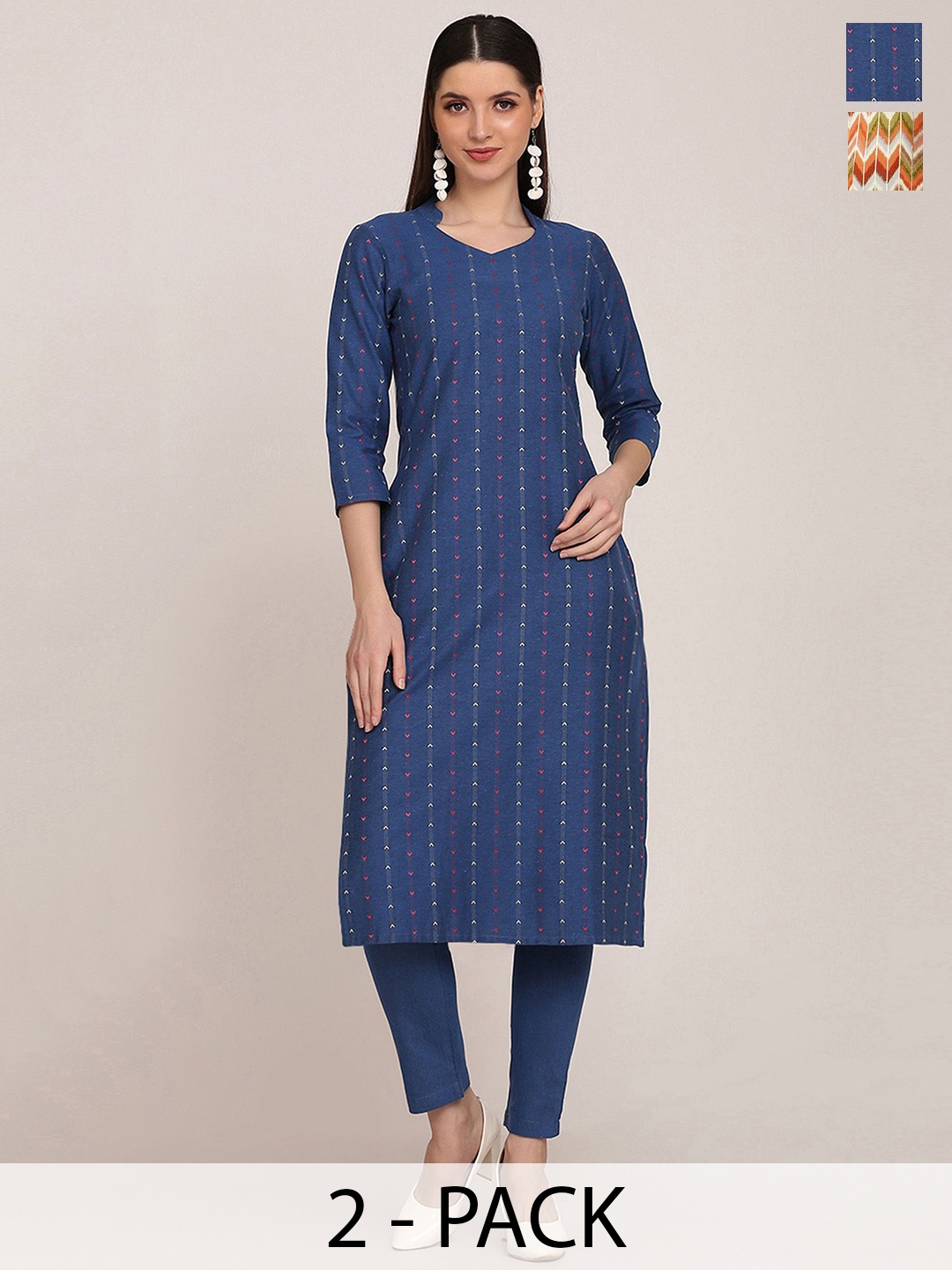 KALINI Selection Of 2 Striped Mandarin Collar Dobby Straight Kurta with Trousers, Navy blue
KALINI Selection Of 2 Striped Mandarin Collar Dobby Straight Kurta with Trousers, Navy blue