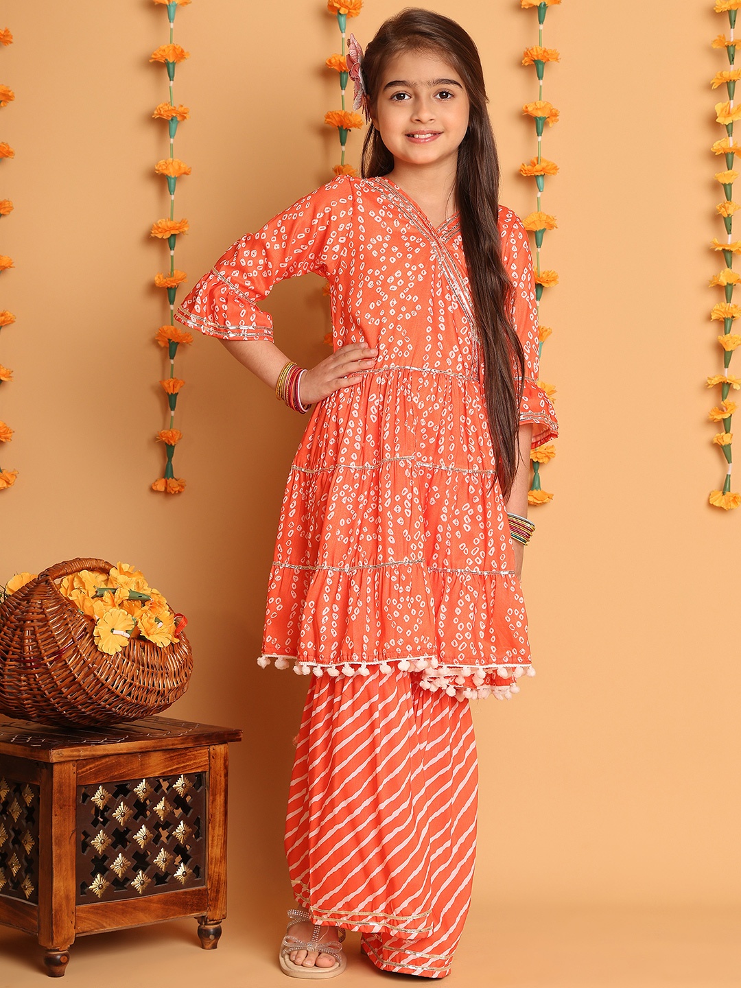 Little Zing Girls Bandhani Printed Angrakha Gotta Patti Pure Cotton Kurta With Sharara, Orange
Little Zing Girls Bandhani Printed Angrakha Gotta Patti Pure Cotton Kurta With Sharara, Orange
