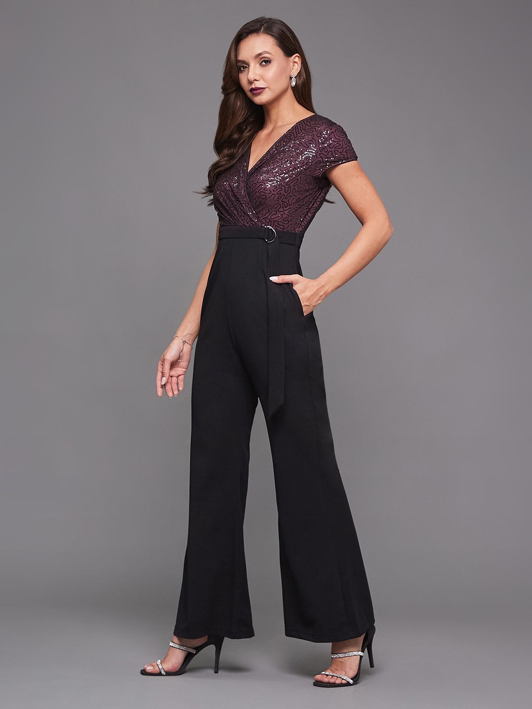 Miss Chase Women's V-Neck Short Sleeve Embellished Wrap Regular-Length Polyester Jumpsuit, Black
Miss Chase Women's V-Neck Short Sleeve Embellished Wrap Regular-Length Polyester Jumpsuit, Black