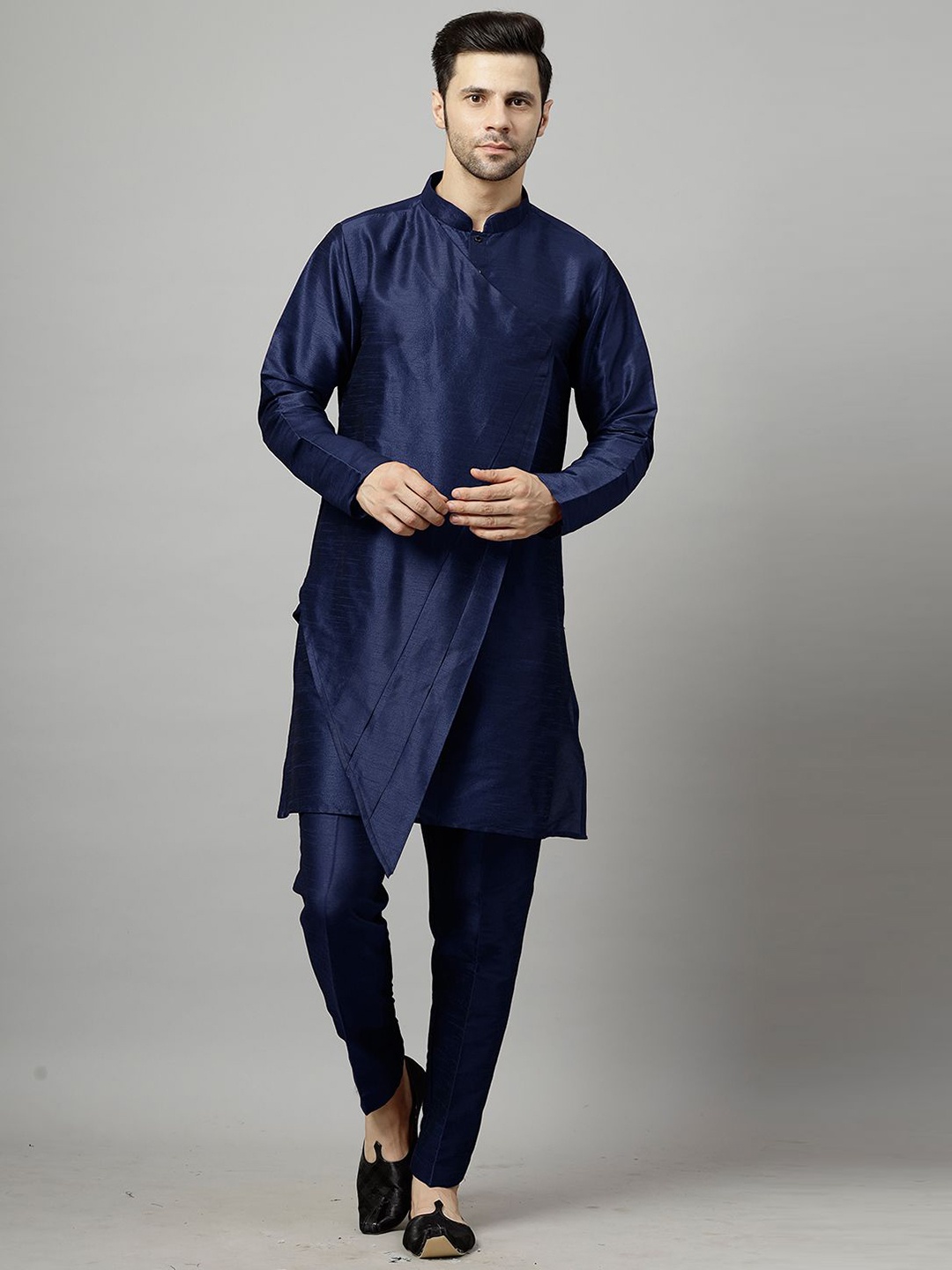 Utsav Fashion Mandarin Collar Layered Art Silk A-Line Kurta with Pyjamas, Navy blue
Utsav Fashion Mandarin Collar Layered Art Silk A-Line Kurta with Pyjamas, Navy blue