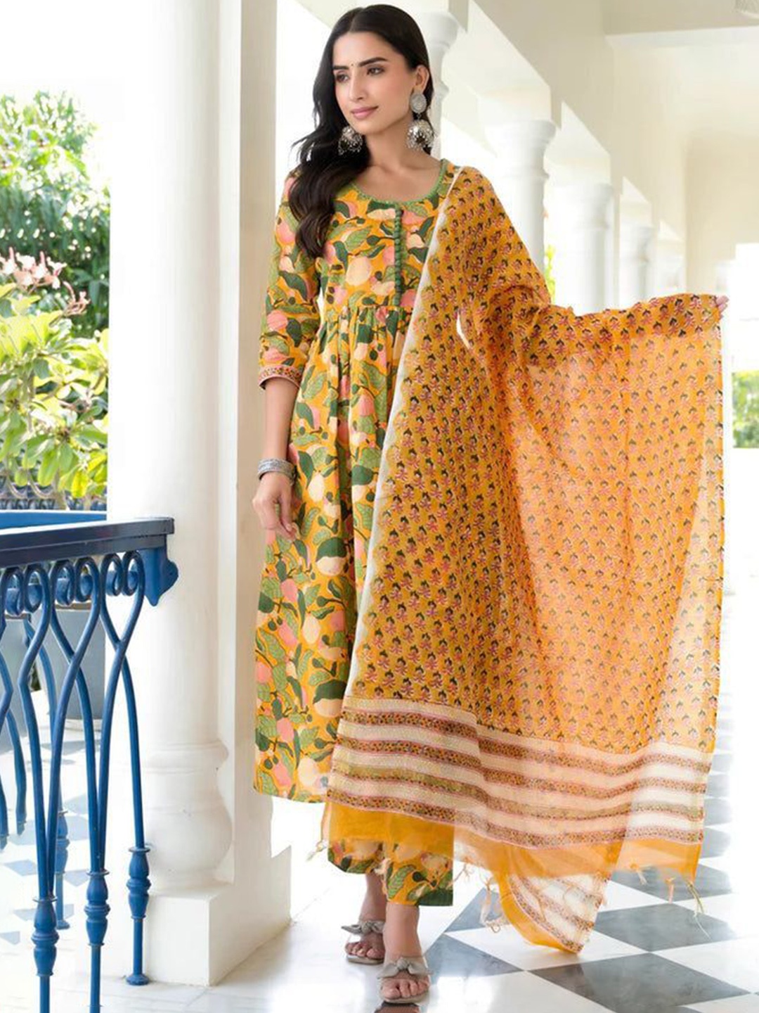 Modestouze Attires Floral Printed Pleated Anarkali Kurta With Trousers And Dupatta, Yellow
Modestouze Attires Floral Printed Pleated Anarkali Kurta With Trousers And Dupatta, Yellow
