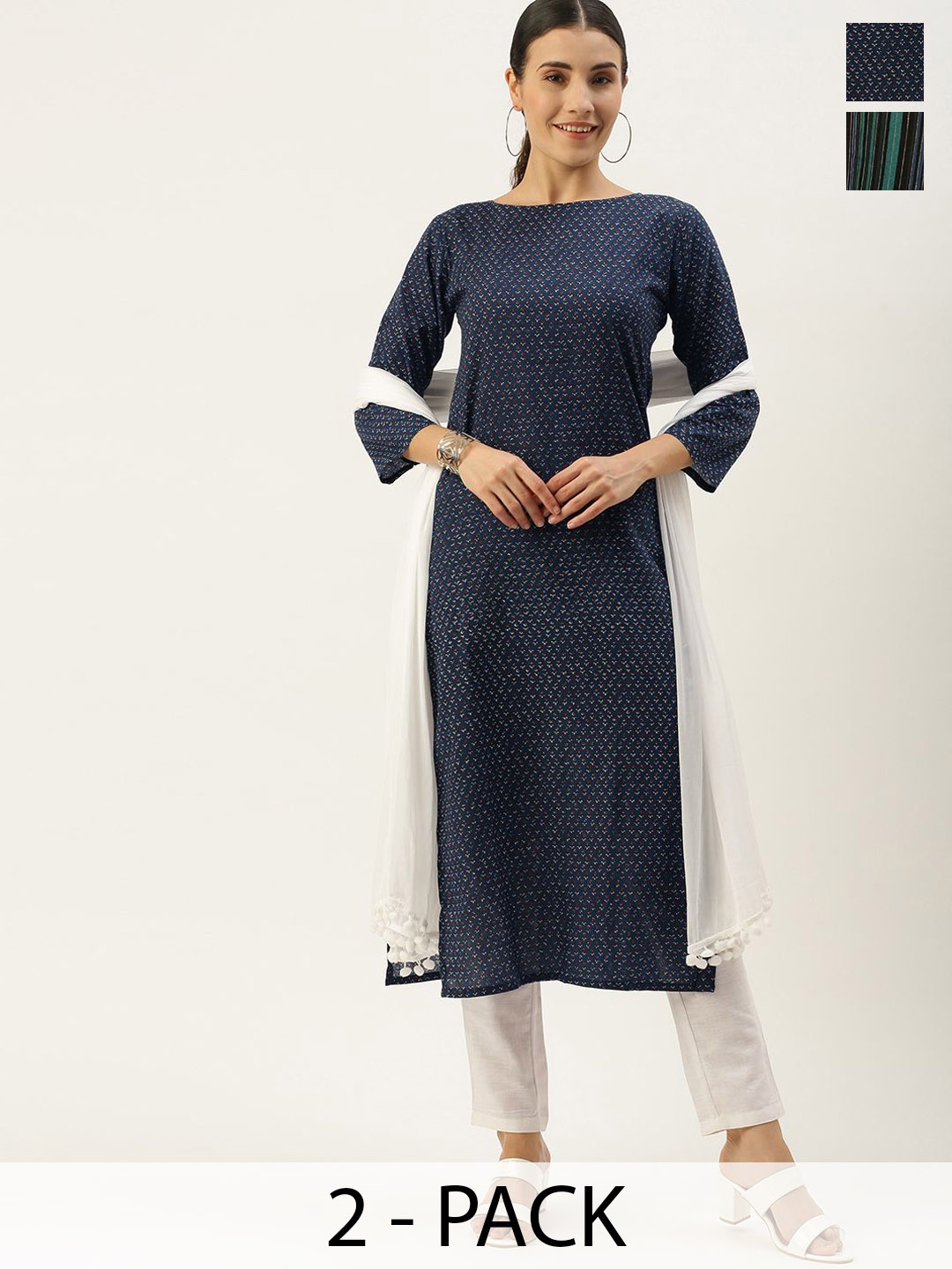 KALINI Selection of 2 Floral Printed Boat Neck Kurta with Trousers and Dupatta, Navy blue
KALINI Selection of 2 Floral Printed Boat Neck Kurta with Trousers and Dupatta, Navy blue