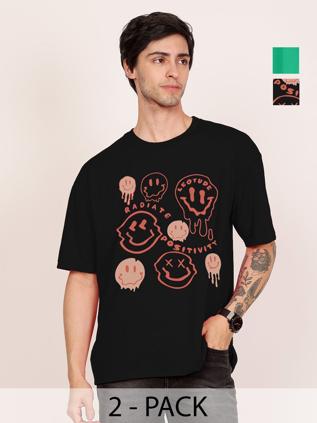 Leotude Men Pack Of 2 Graphic Printed Round Neck Cotton Oversized T-shirts, Black
Leotude Men Pack Of 2 Graphic Printed Round Neck Cotton Oversized T-shirts, Black