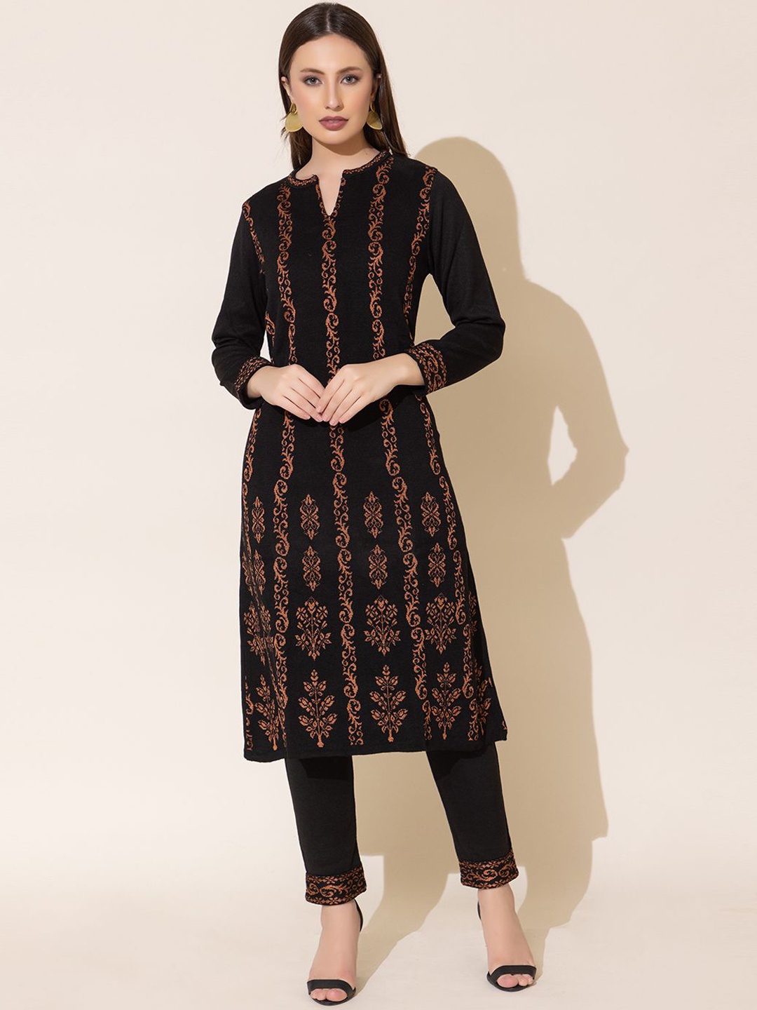 KEIKO Ethnic Motifs Woven Design Notch Neck Acrylic Straight Kurta with Trousers, Black
KEIKO Ethnic Motifs Woven Design Notch Neck Acrylic Straight Kurta with Trousers, Black