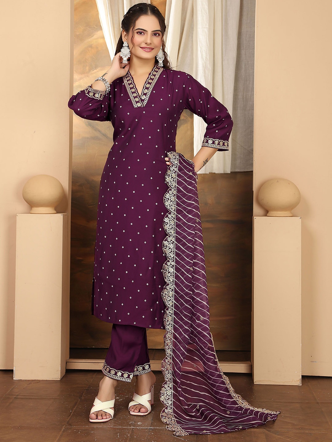 Bought First Bandhani Printed Thread Work Straight Kurta With Trousers & Dupatta, Purple
Bought First Bandhani Printed Thread Work Straight Kurta With Trousers & Dupatta, Purple