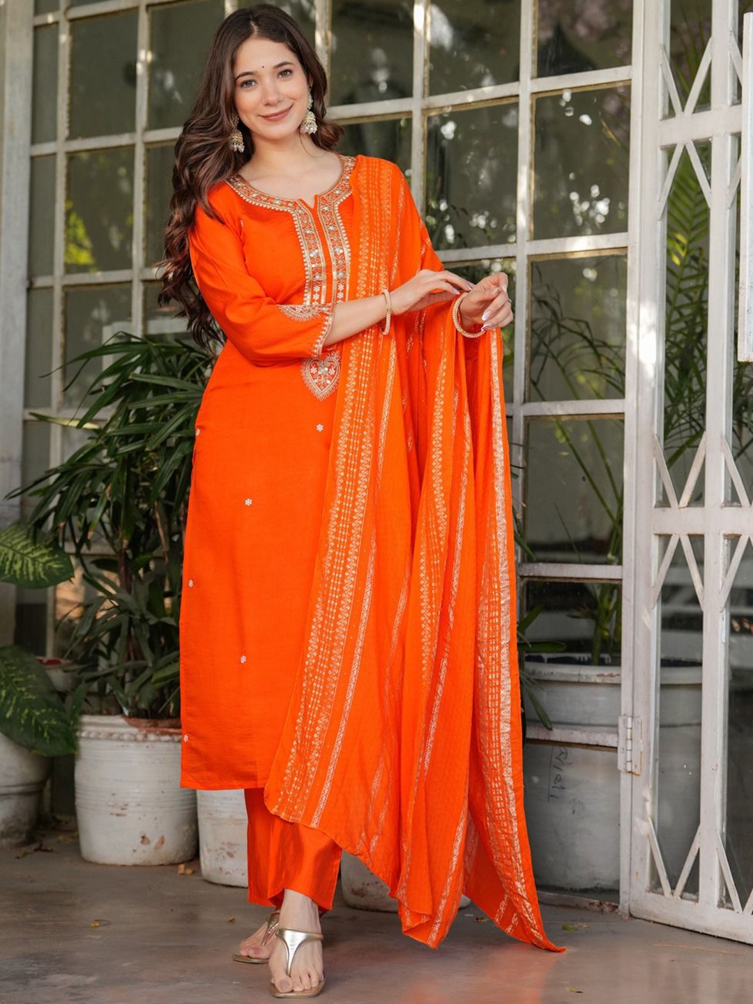 Shatanuvart Export Embroidered Notch Neck Chanderi Straight Kurta With Trouser & Dupatta, Orange
Shatanuvart Export Embroidered Notch Neck Chanderi Straight Kurta With Trouser & Dupatta, Orange