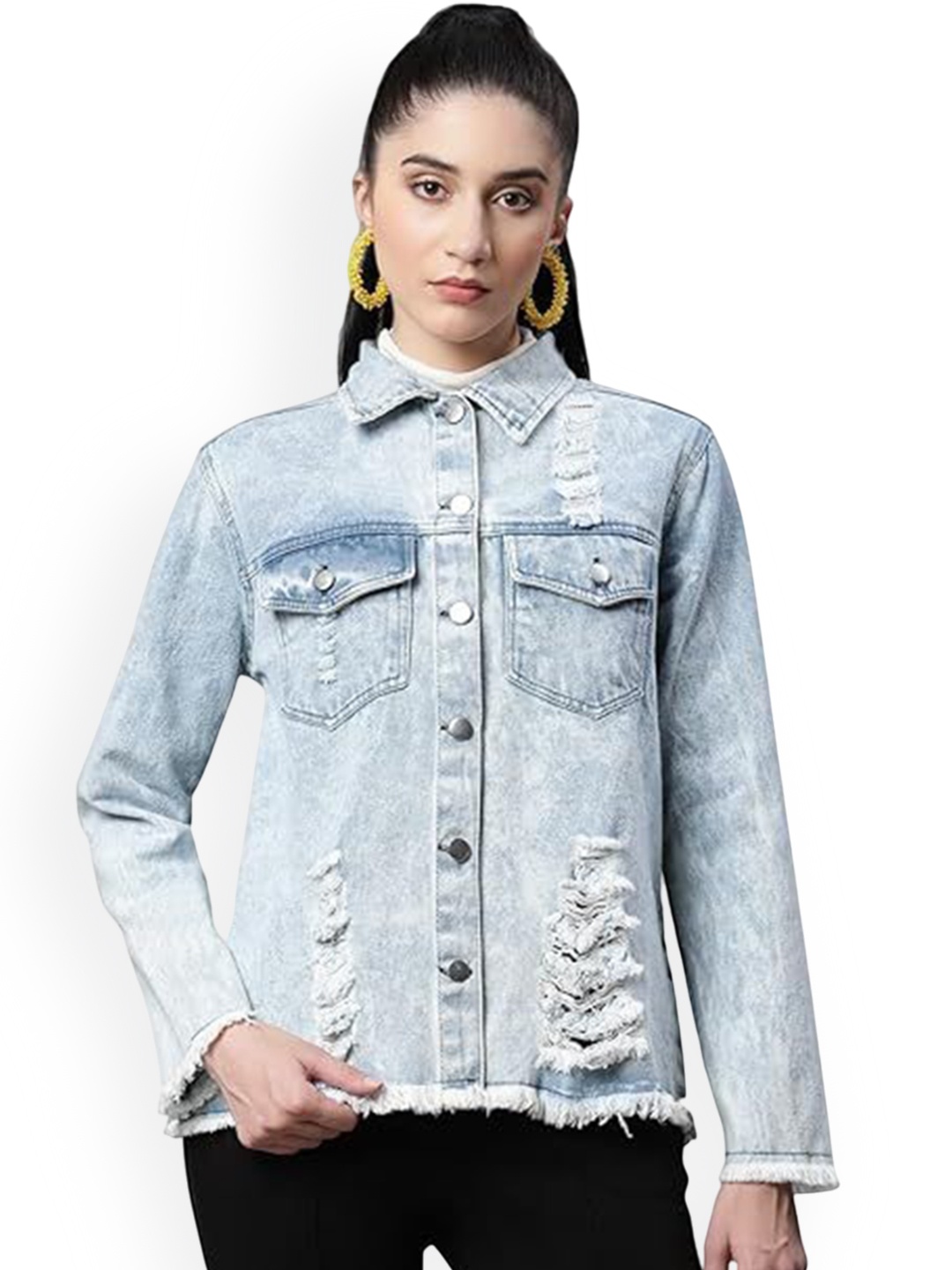 Global Republic Women Spread Collar Washed Solid Casual Denim Lightweight Jacket, Blue
Global Republic Women Spread Collar Washed Solid Casual Denim Lightweight Jacket, Blue