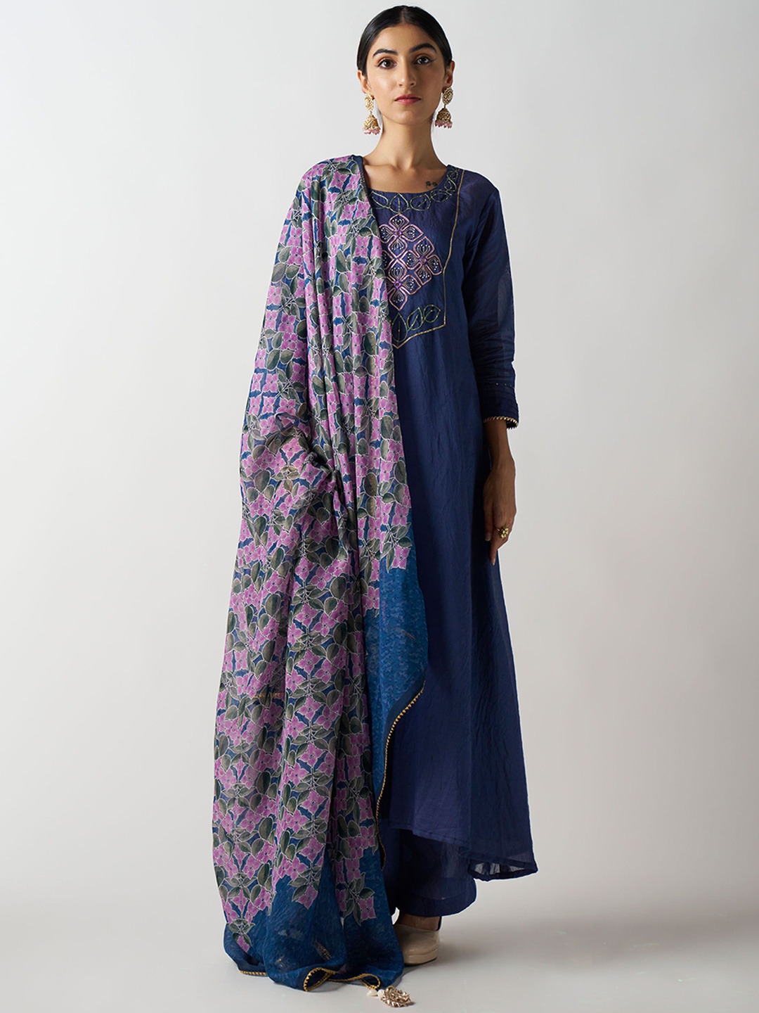 SUKRUTI DESIGN Floral Embroidered Pleated Anarkali Pure Silk Kurta With Trouser & Dupatta, Blue
SUKRUTI DESIGN Floral Embroidered Pleated Anarkali Pure Silk Kurta With Trouser & Dupatta, Blue