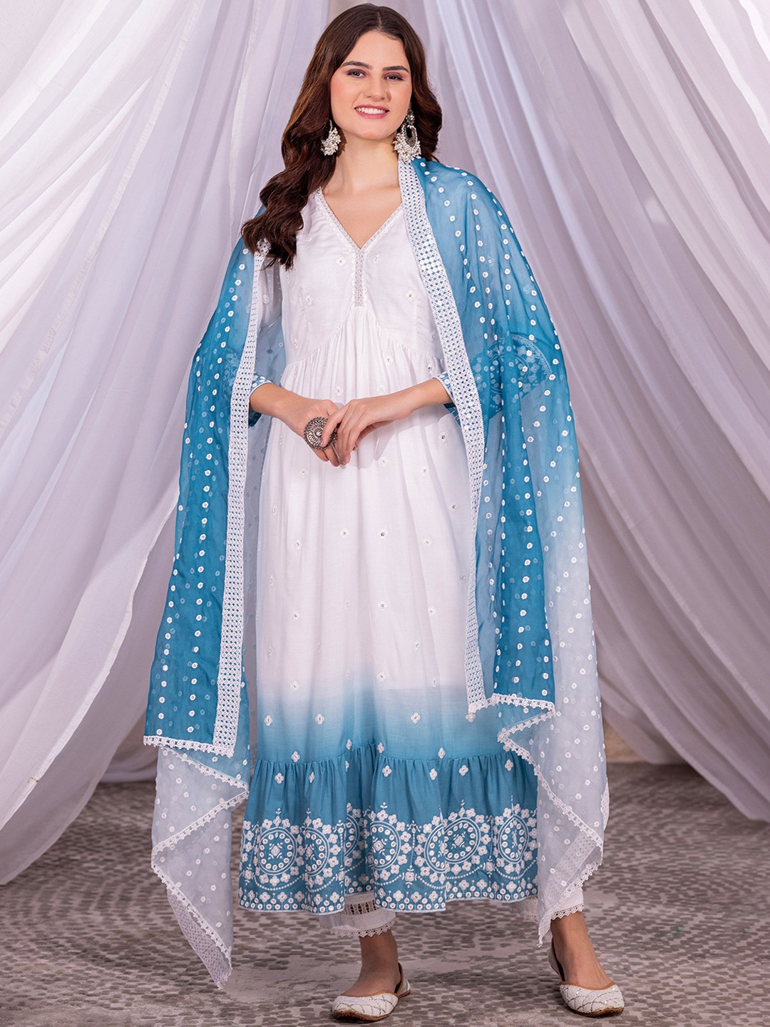 SEW Floral Embroidered Empire Pure Cotton Ombre Anarkali Kurta With Trouser & Dupatta, Teal
SEW Floral Embroidered Empire Pure Cotton Ombre Anarkali Kurta With Trouser & Dupatta, Teal