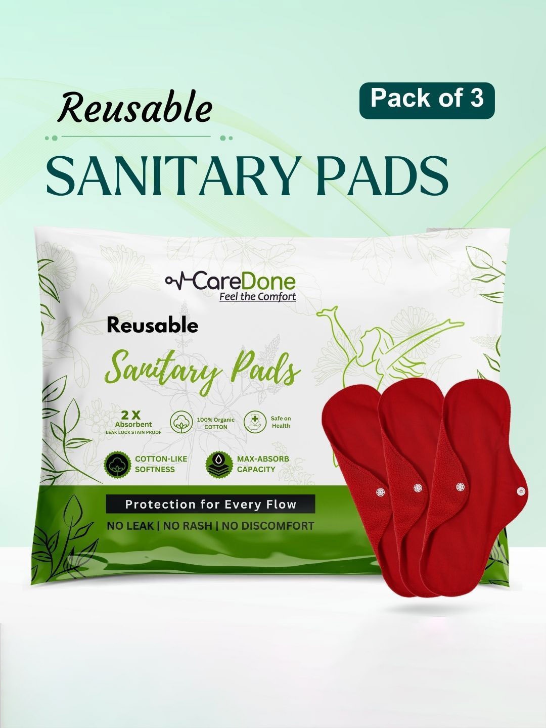 CareDone Set Of 3 Washable & Reusable Comfty Extra Large Organic Cotton Sanitary Pads - Xl, Red
CareDone Set Of 3 Washable & Reusable Comfty Extra Large Organic Cotton Sanitary Pads - Xl, Red