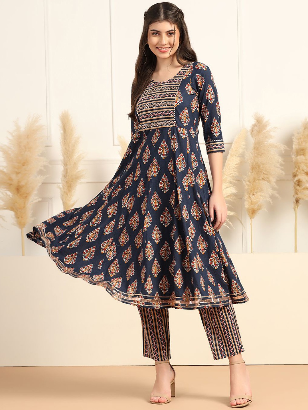 FASHION DREAM Ethnic Motifs Printed Gotta Patti Pure Cotton Anarkali Kurta With Trouser, Navy blue
FASHION DREAM Ethnic Motifs Printed Gotta Patti Pure Cotton Anarkali Kurta With Trouser, Navy blue