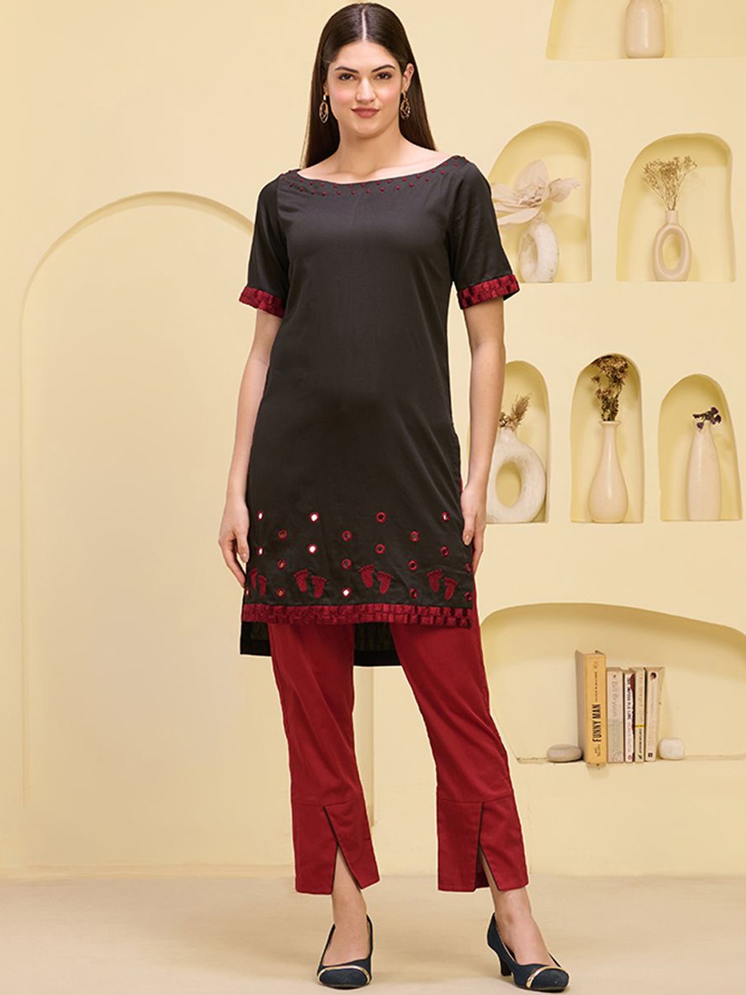 First Resort by Ramola Bachchan Embroidered Mirror Work Straight Kurta With Trouser, Black
First Resort by Ramola Bachchan Embroidered Mirror Work Straight Kurta With Trouser, Black