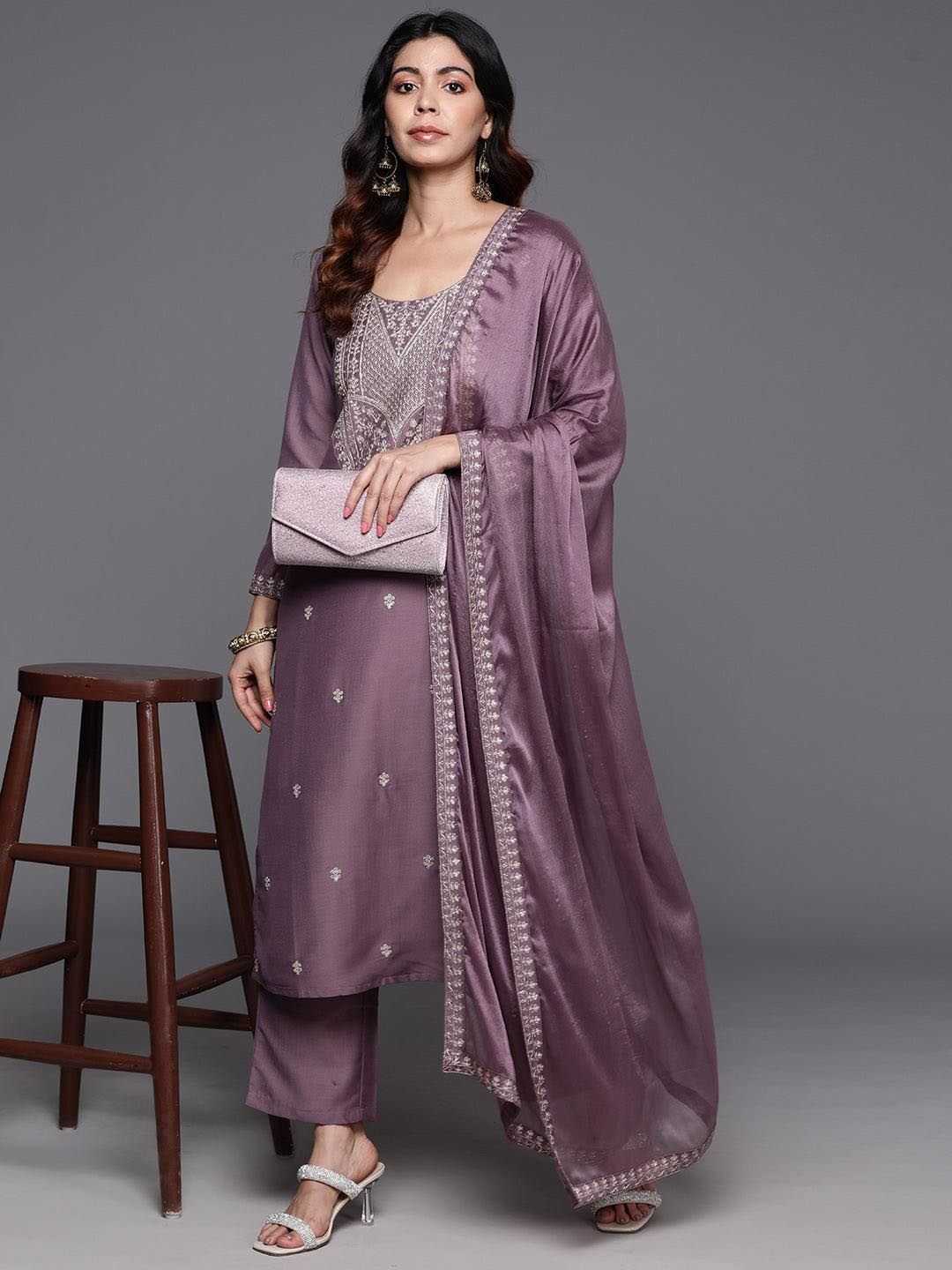 KALINI Ethnic Motifs Embroidered Chanderi Silk U-Neck Kurta With Trousers And Dupatta, Purple
KALINI Ethnic Motifs Embroidered Chanderi Silk U-Neck Kurta With Trousers And Dupatta, Purple