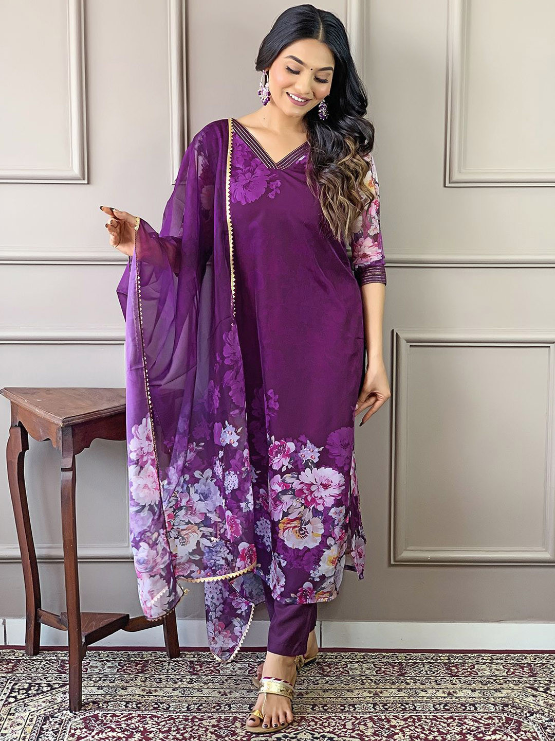 Navlik Floral Printed Organza V-Neck Straight Kurta With Trousers And Dupatta, Purple
Navlik Floral Printed Organza V-Neck Straight Kurta With Trousers And Dupatta, Purple